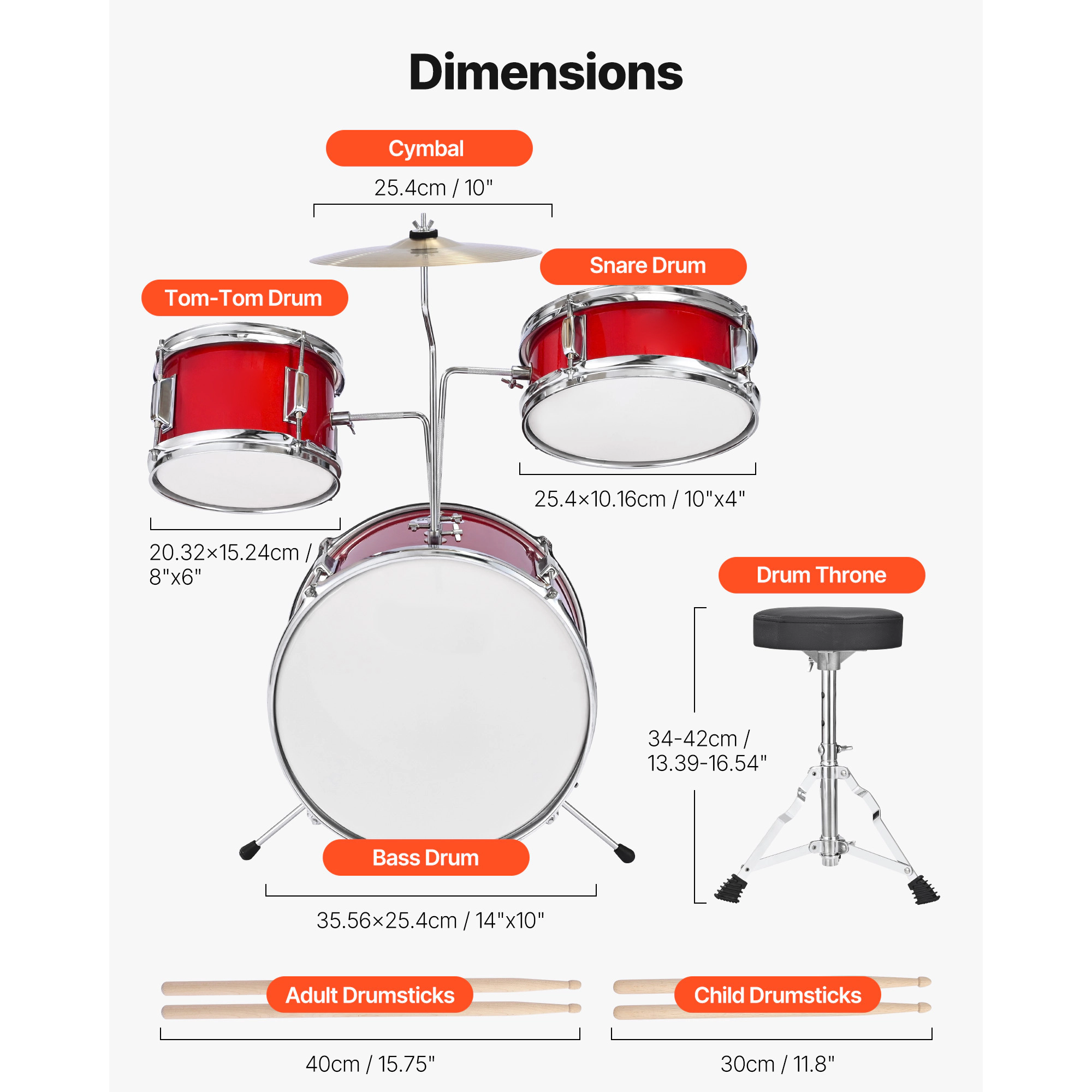 HONGGE Kids Drum Set Junior Drum Sets Beginner Drums Set with Adjustable Throne Cymbal & Two Pairs of Drumsticks