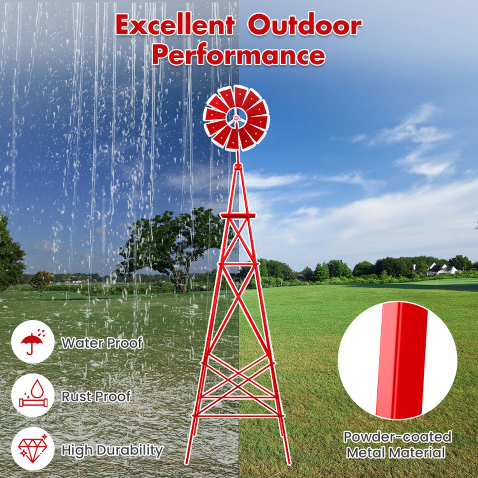 SUGIFT 8-ft Red Metal Garden Windmill Weathervane with 12 Rotating Blades 26.5-in W 26.5-in D 100-in H