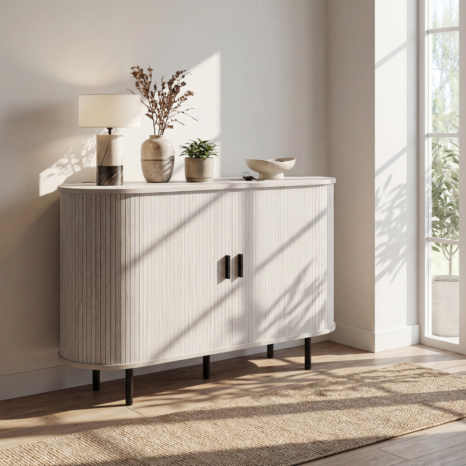 LJG 47 Inch Fluted Sideboard Buffet Cabinet with Tambour Sliding Doors and Metal Legs