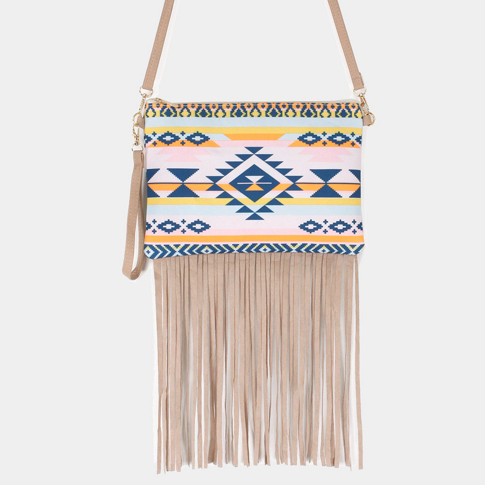 Fashnzfab Aztec Print Tassel Wristlet Clutch / Crossbody Bag Navy