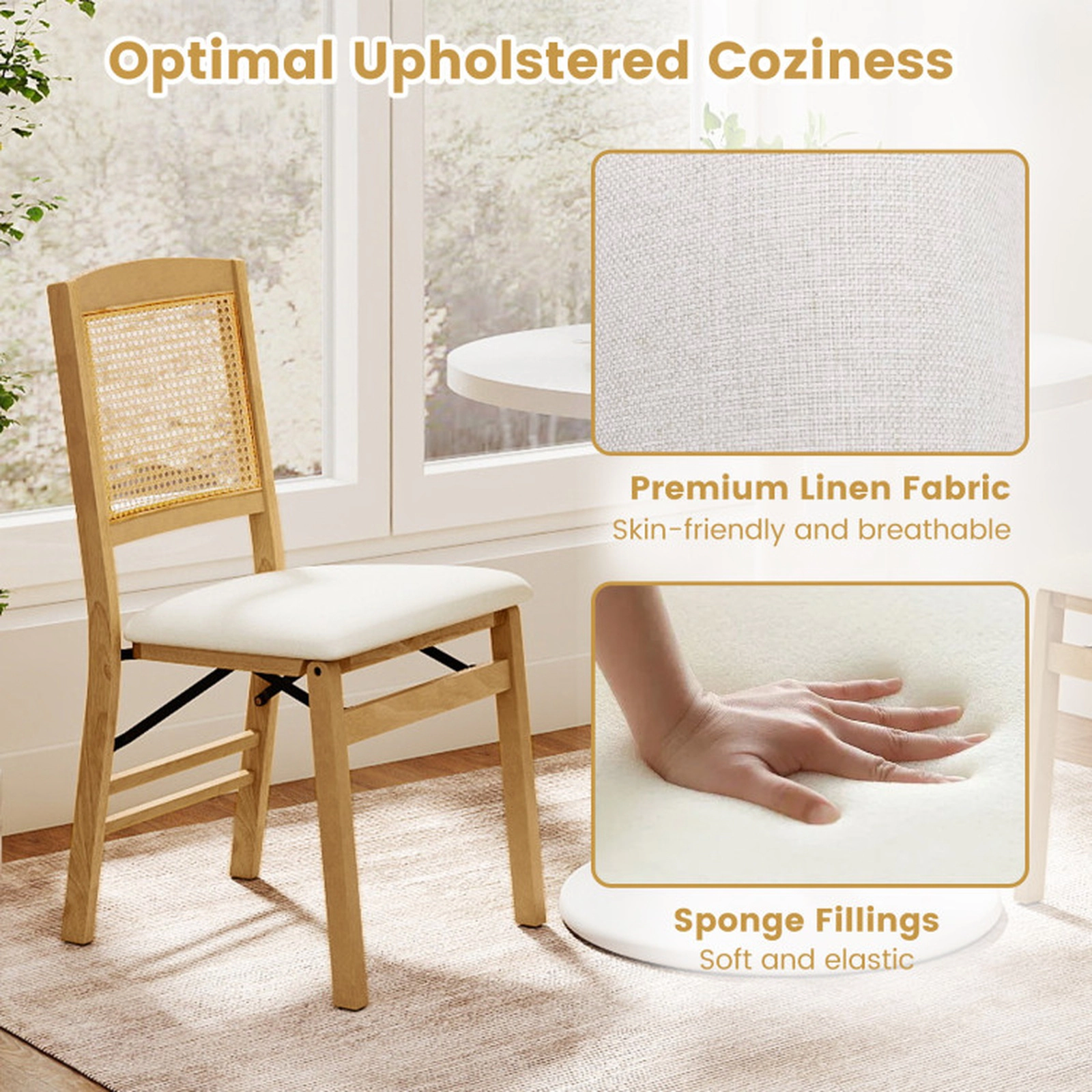 SUGIFT Folding Rubber Wood Dining Chairs Set of 2 with Linen Padded Seat 400-lb Capacity 35-in Tall Natural Beige