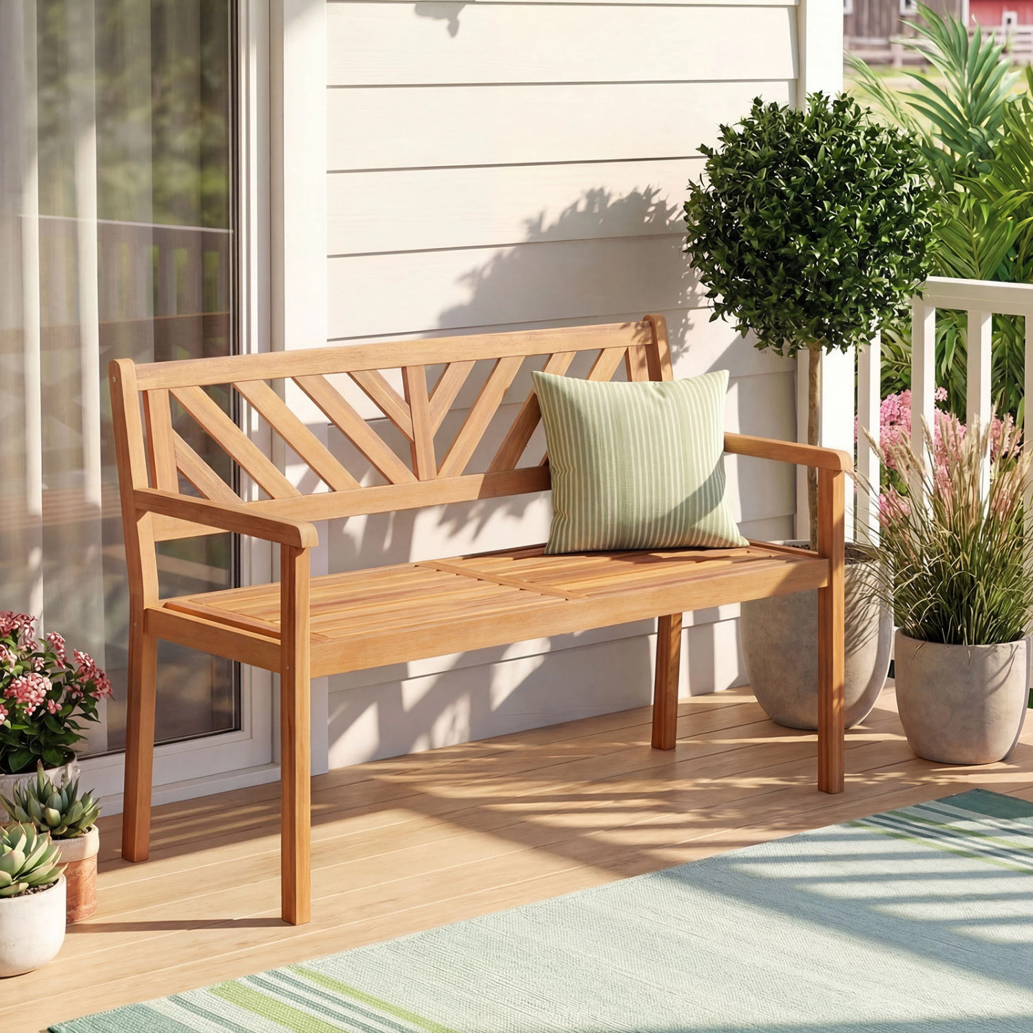 LJG 2-Person Patio Acacia Wood Garden Chair with Armrests and Backrest for Porch