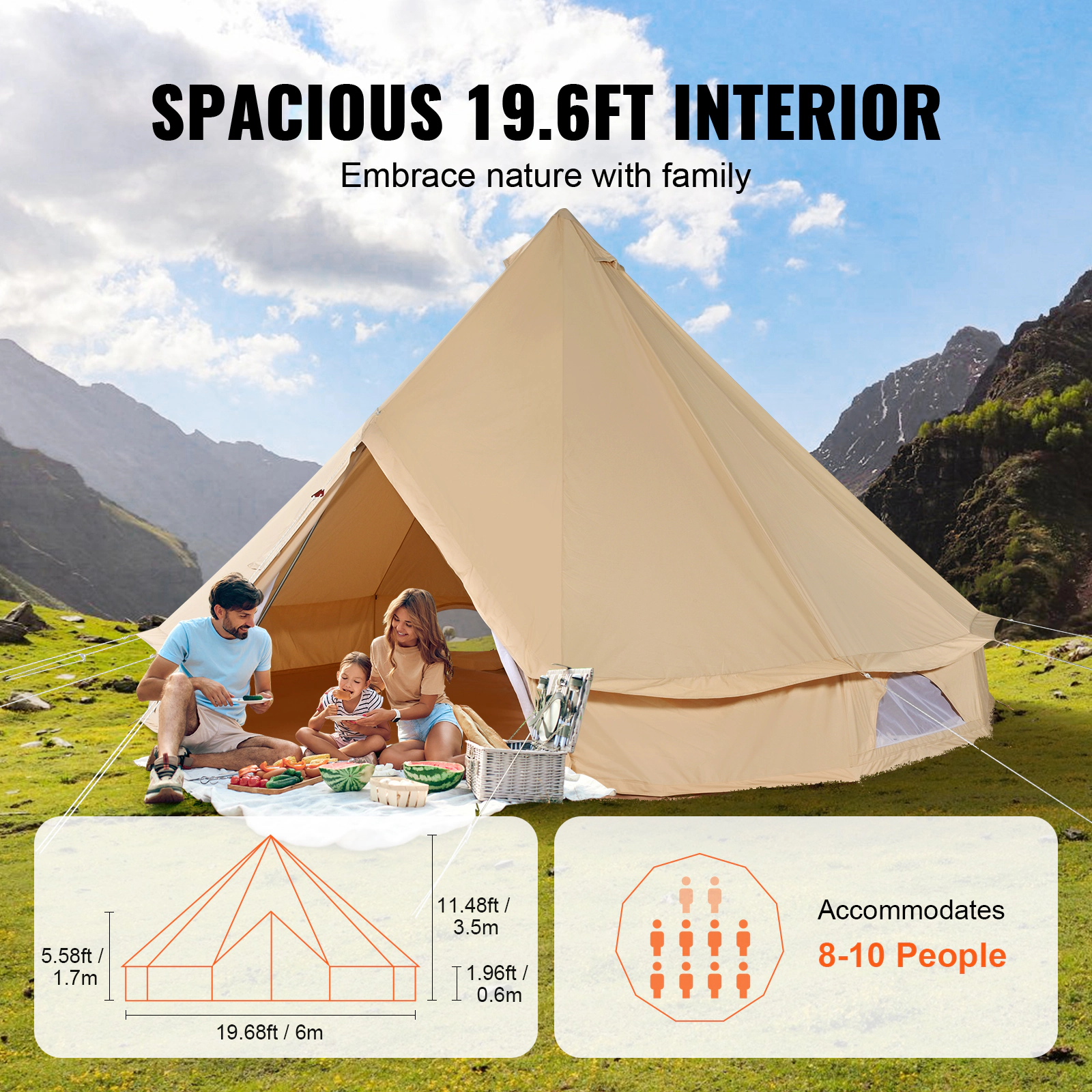 HONGGE Canvas Bell Tent 4 Seasons m/ Yurt Tent Canvas Tent for Camping with Stove Jack Breathable Tent Family Camping