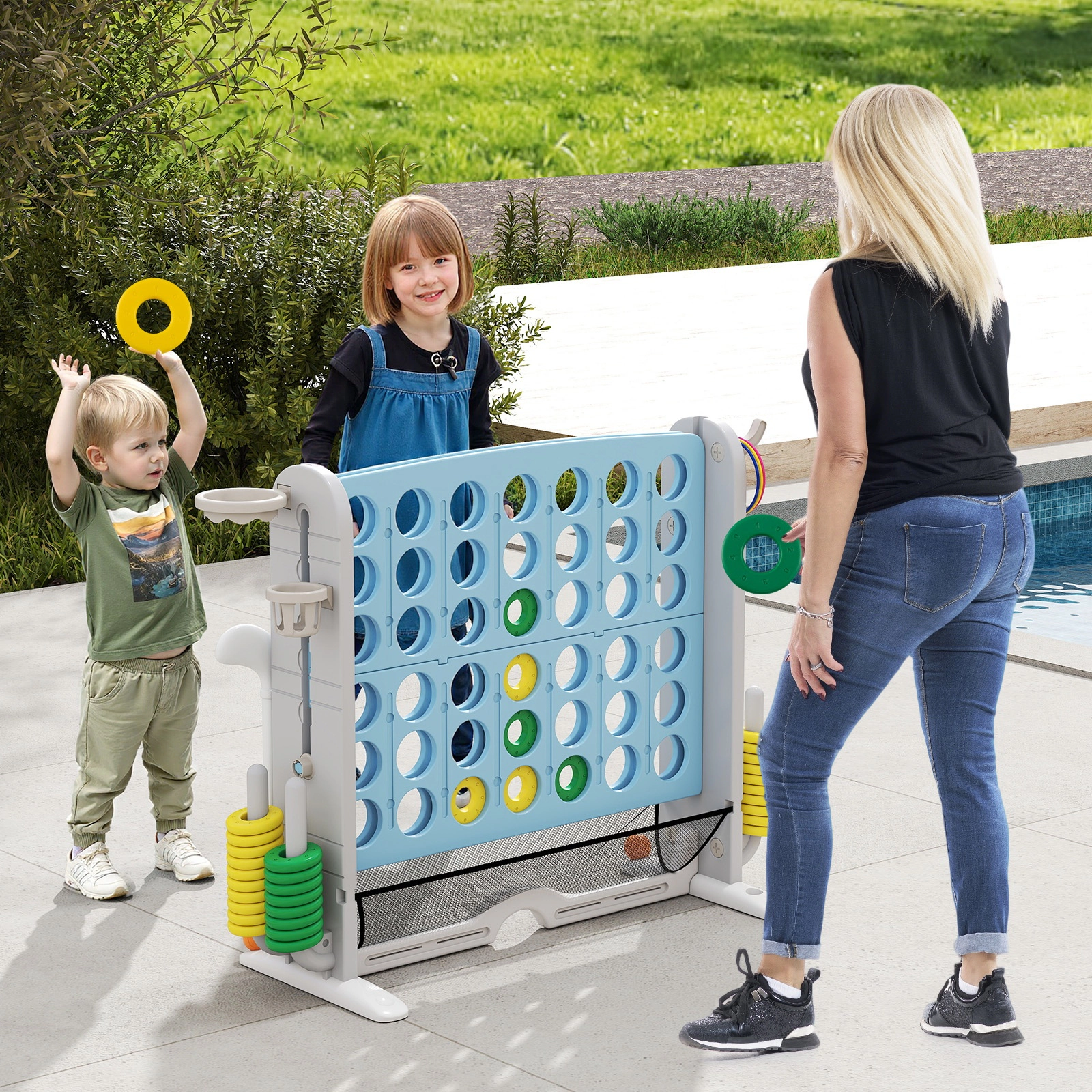 SUGIFT Light Blue 4-in-1 Jumbo 4-to-Score Game with Ring Toss and Basketball Hoop 40.5-in W 32.5-in to 38.5-in H
