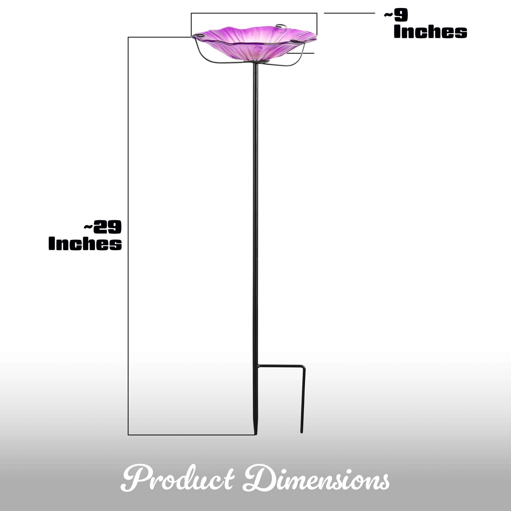 G128 29 Inch Glass Bird Bath with Metal Stake - Purple Flower Outdoor Garden Feeder