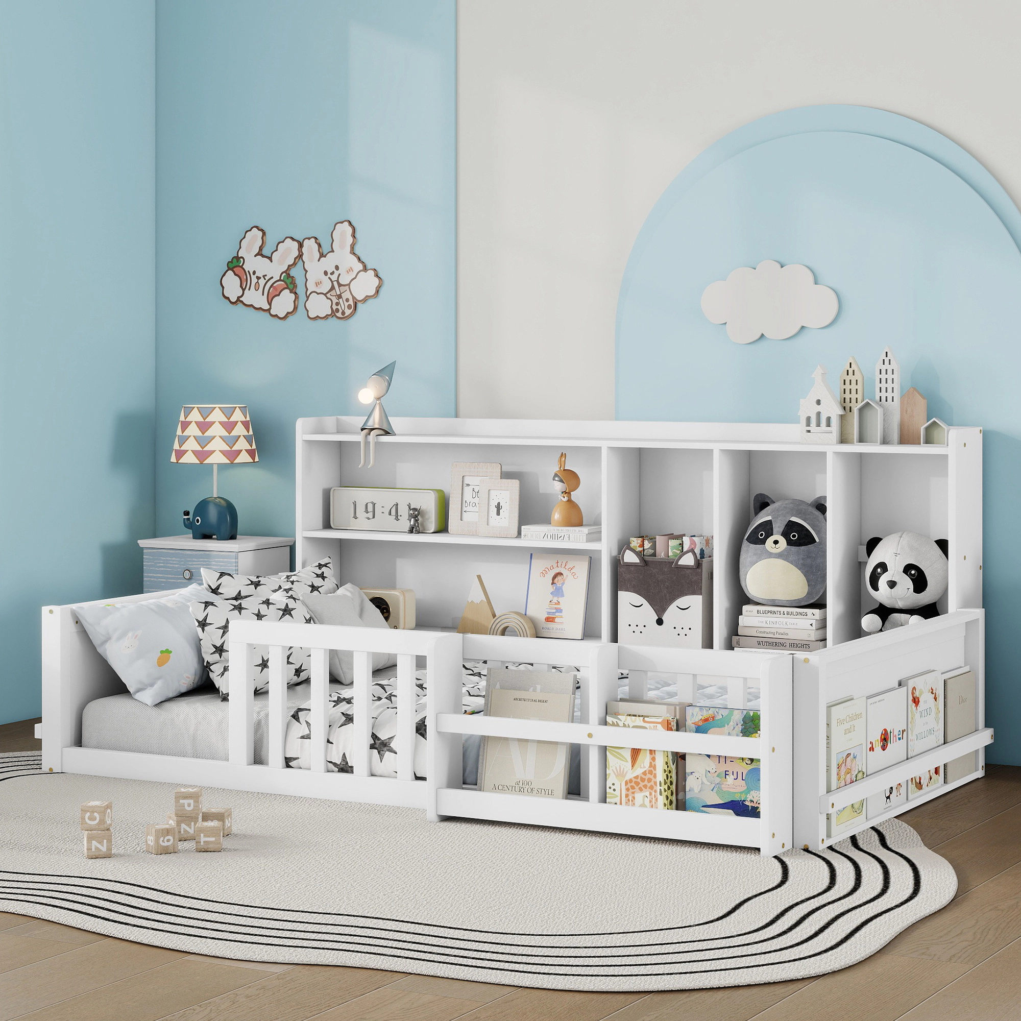 Flynama Twin Kids Wood Platform Bed, Guardrail Fence & Storage Shelves, Space Saving, White