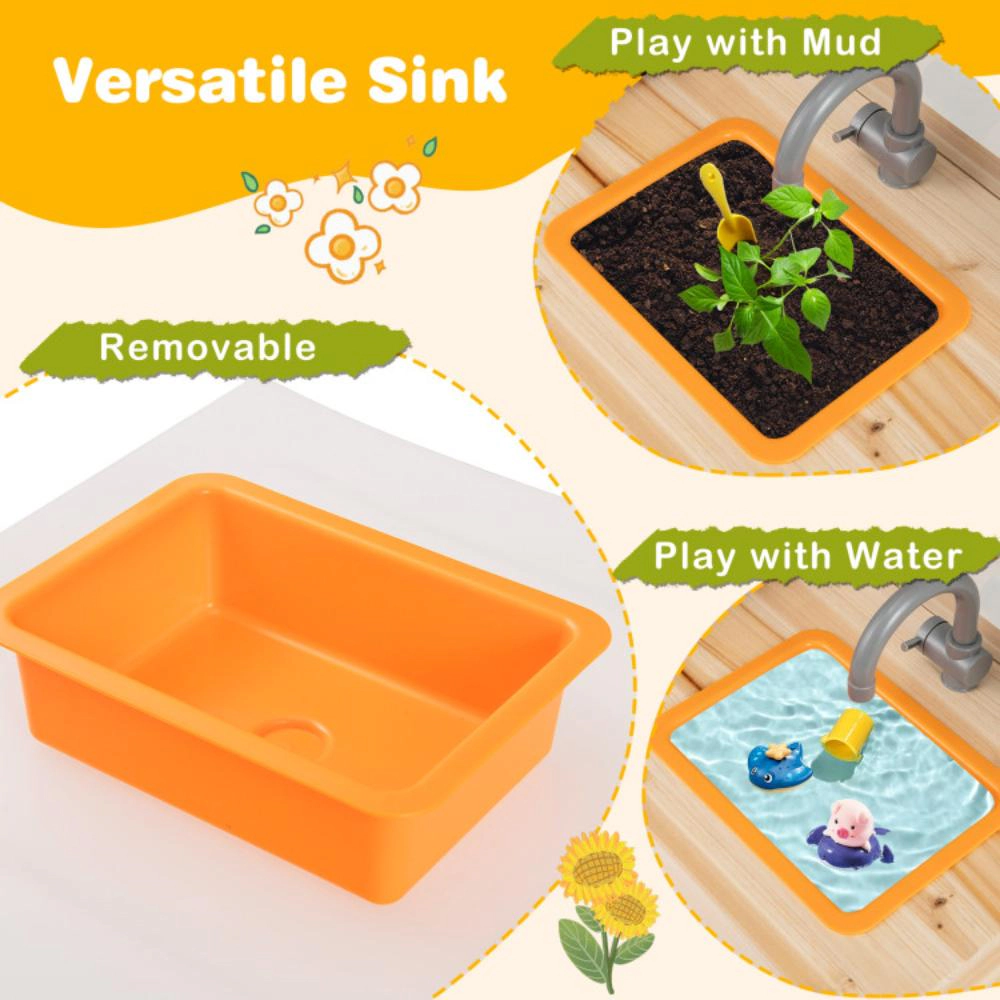 Hivvago Kids Mud Kitchen Fir Wood Playset with Planting Pots and Blackboards-Natural