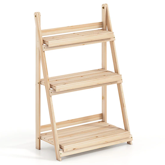 LJG 3-Tier Foldable Plant Stand with Slatted Shelves and Fir Wood Frame