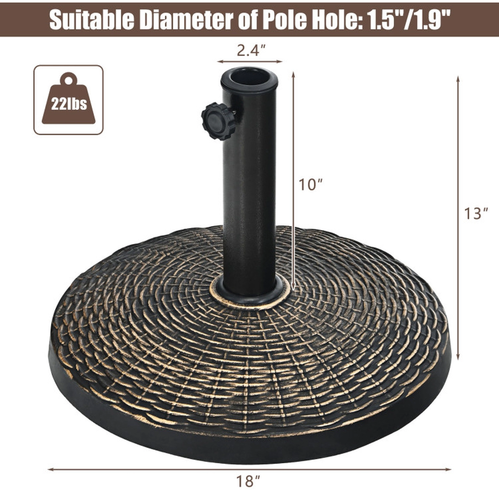 SUGIFT 22-lb Bronze Resin Patio Umbrella Base with Wicker Style and 2 Pole Adapters 18-in Dia 13-in H