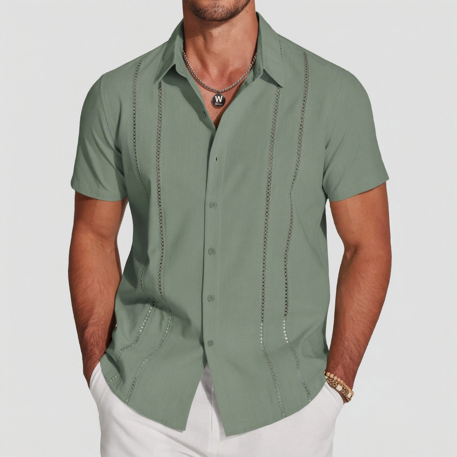 COOFANDY Mens Short Sleeve Button Down Shirts Dressy Lace Stripe Casual  Tops