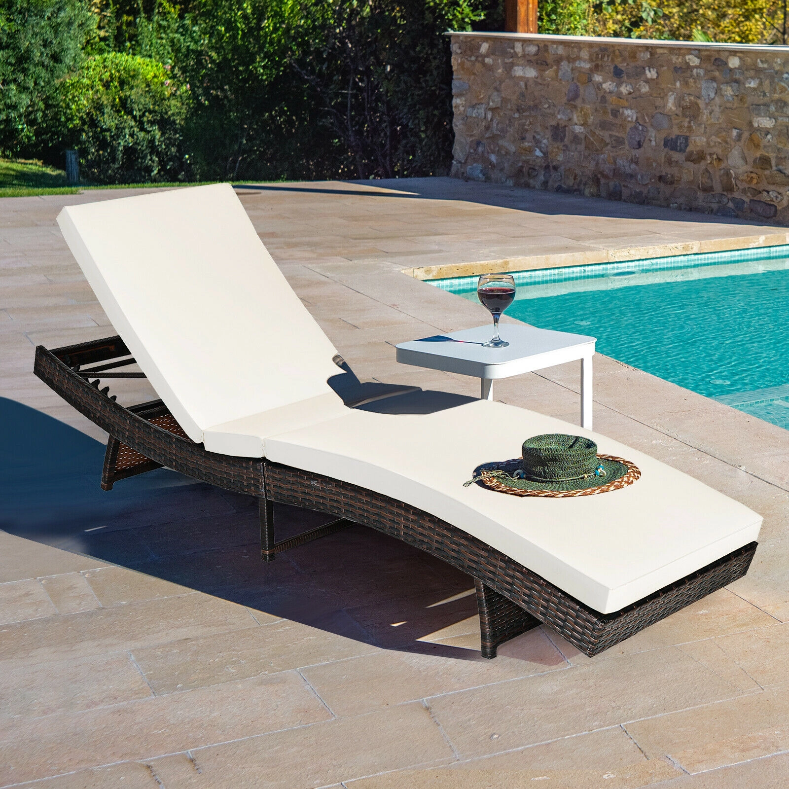 SUGIFT 83-In Folding Outdoor Chaise Lounge, White PE Rattan, 5-Level Backrest, 2.5-In Cushion