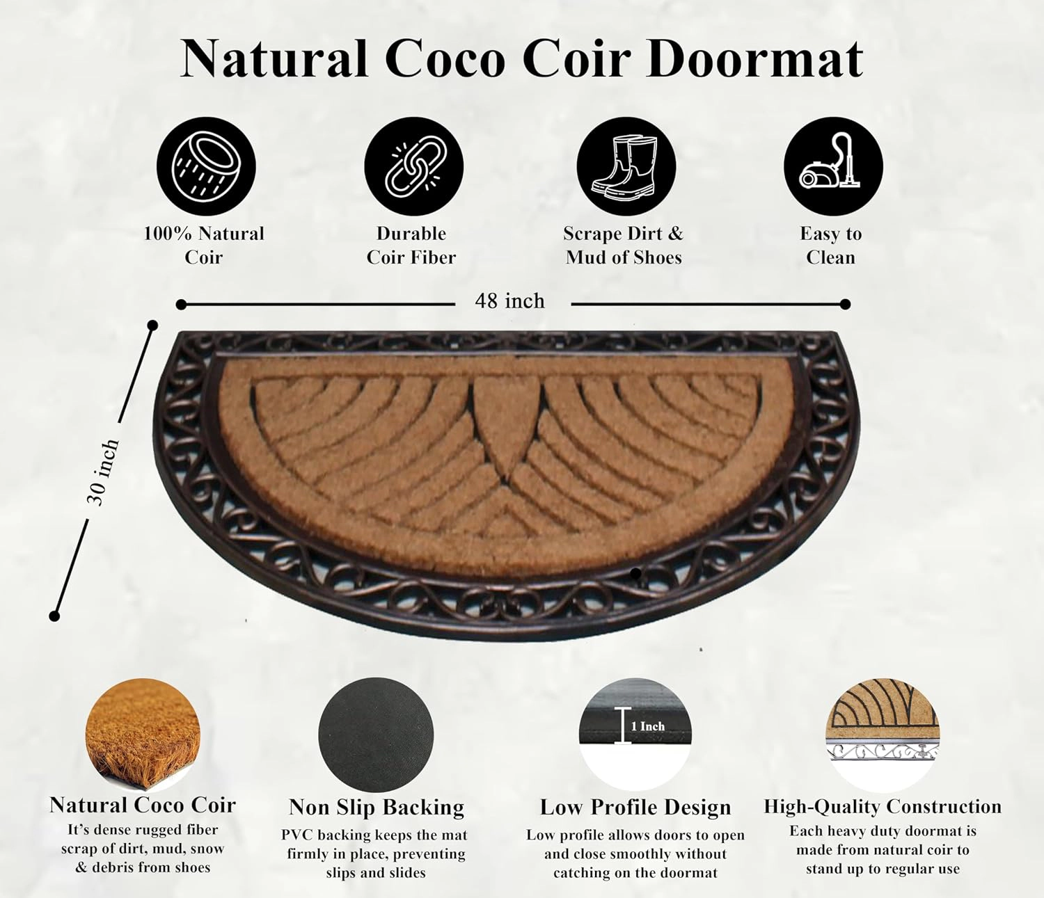 A1HC Coir and Rubber Door Mat 30x48 Inches Anti-Shed Fade-Resistant Heavy Duty Half Round Bronze