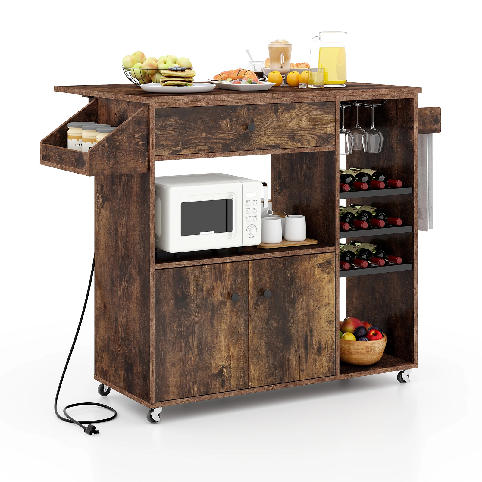 SUGIFT Rustic Brown Drop Leaf Rolling Kitchen Island Cart with Power Outlet USB Port and Wine Rack