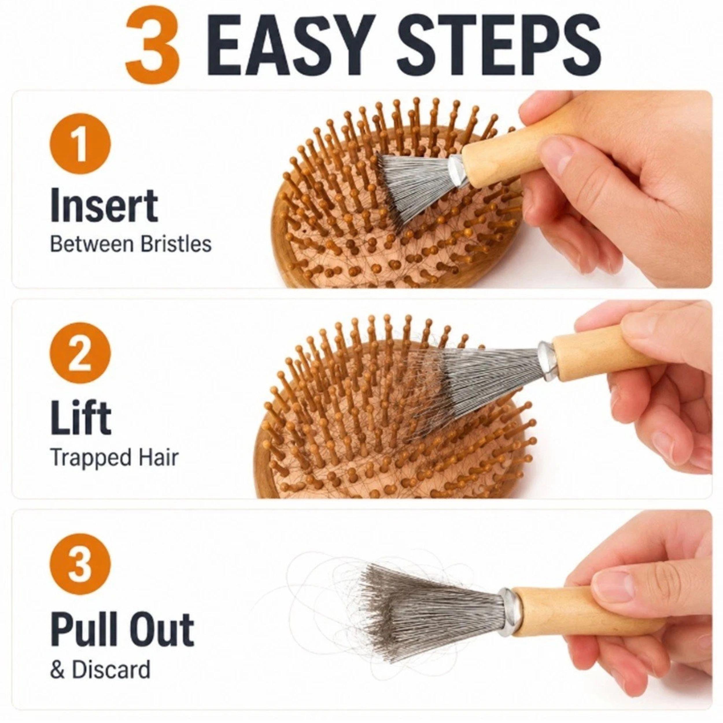 Home Collection Unisex Hair Brush Cleaner Tool Metal Rake with Wooden Handle