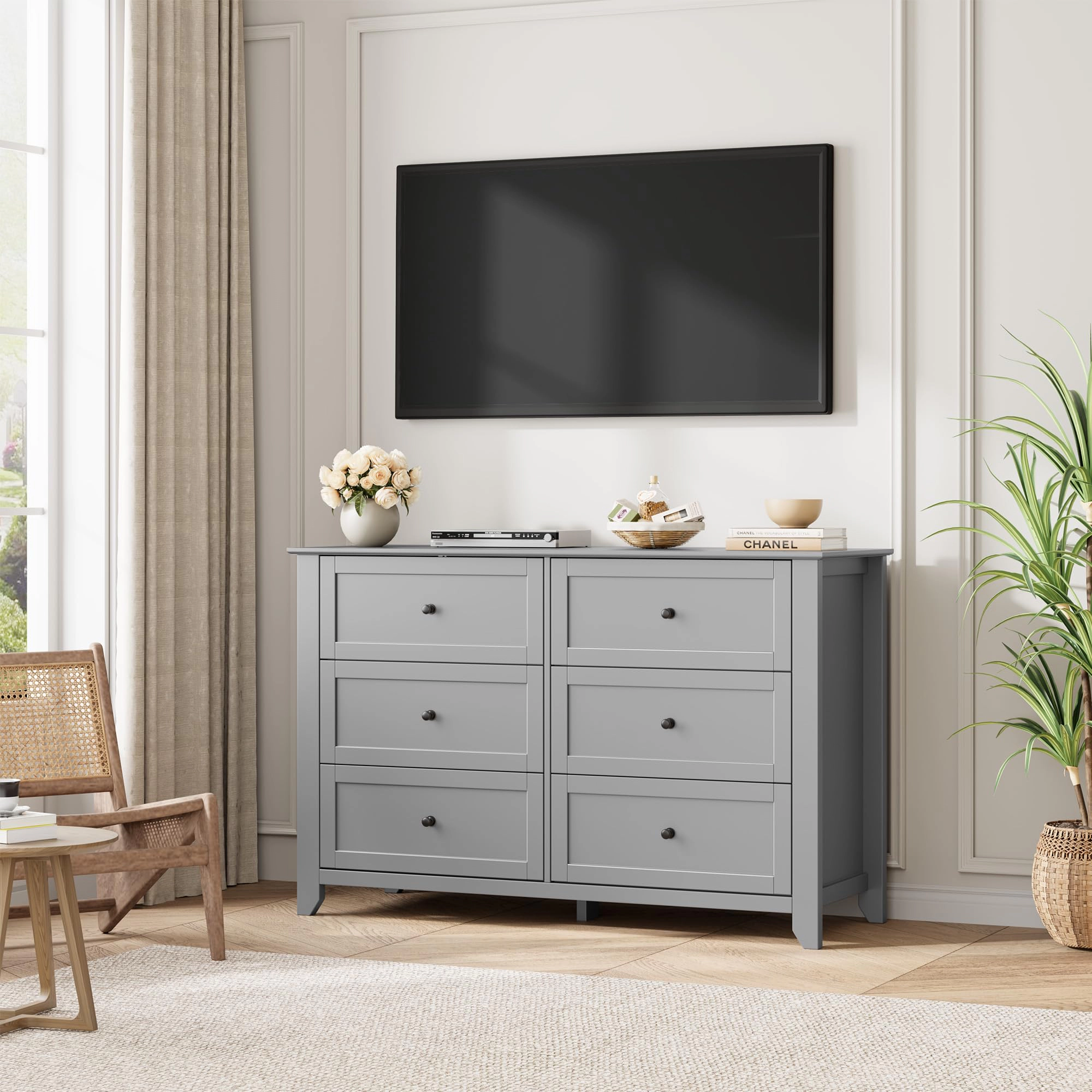 6 Drawer Dresser with Metal Knobs,  54" Wide Wooden Double Storage Chest for Bedroom Entryway Hallway