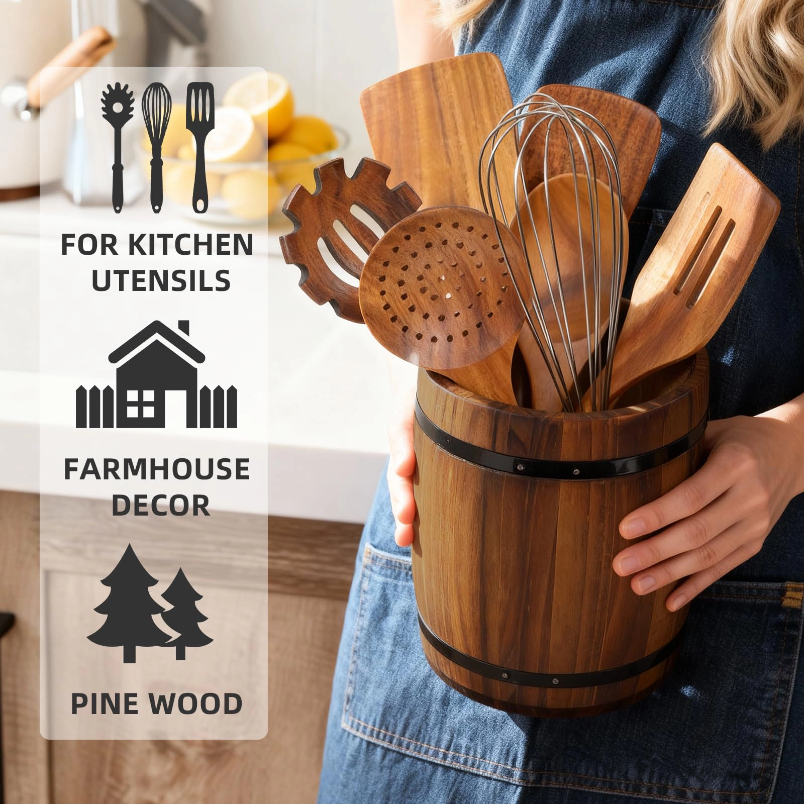 WZK Rustic Farmhouse Wooden Wine Barrel Sturdy Smooth Kitchen Utensil Holder