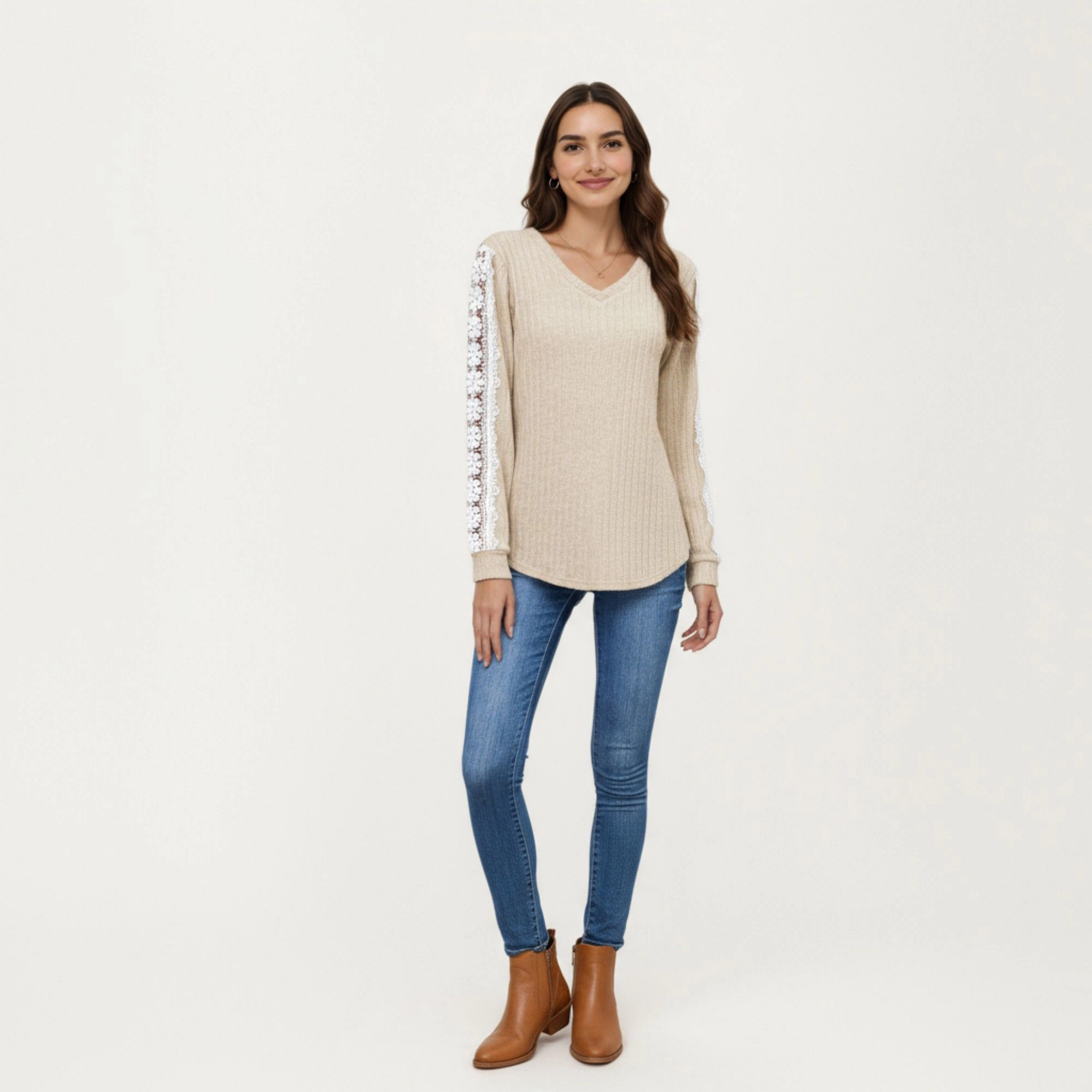 Anna-Kaci Women's V-Neck Lace Trim Sleeve Curved Hem Long Ribbed Knit Top