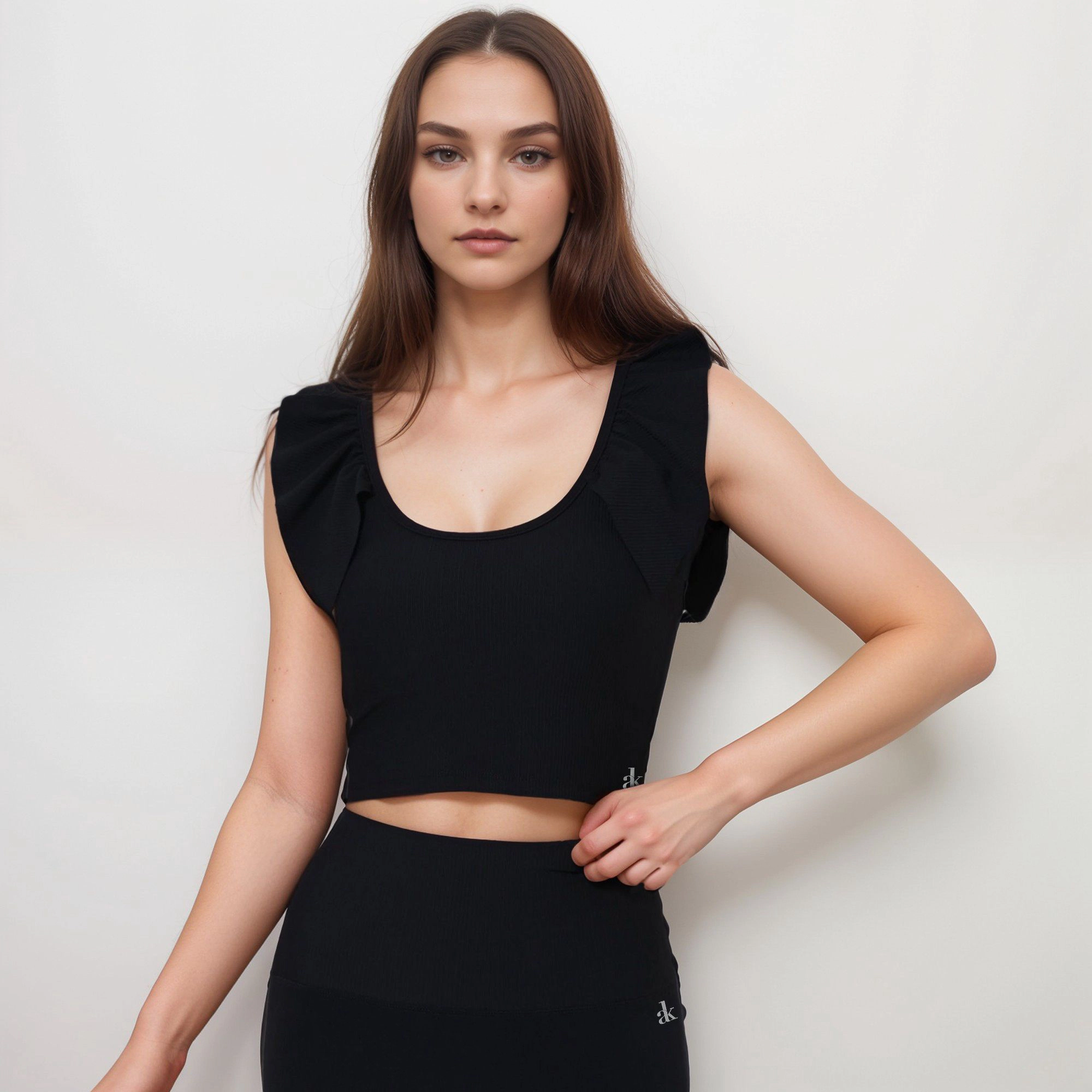Anna-Kaci Women's Ribbed Scoop Neck Crop Top with Flutter Shoulder Details and Seamless Fitted Design