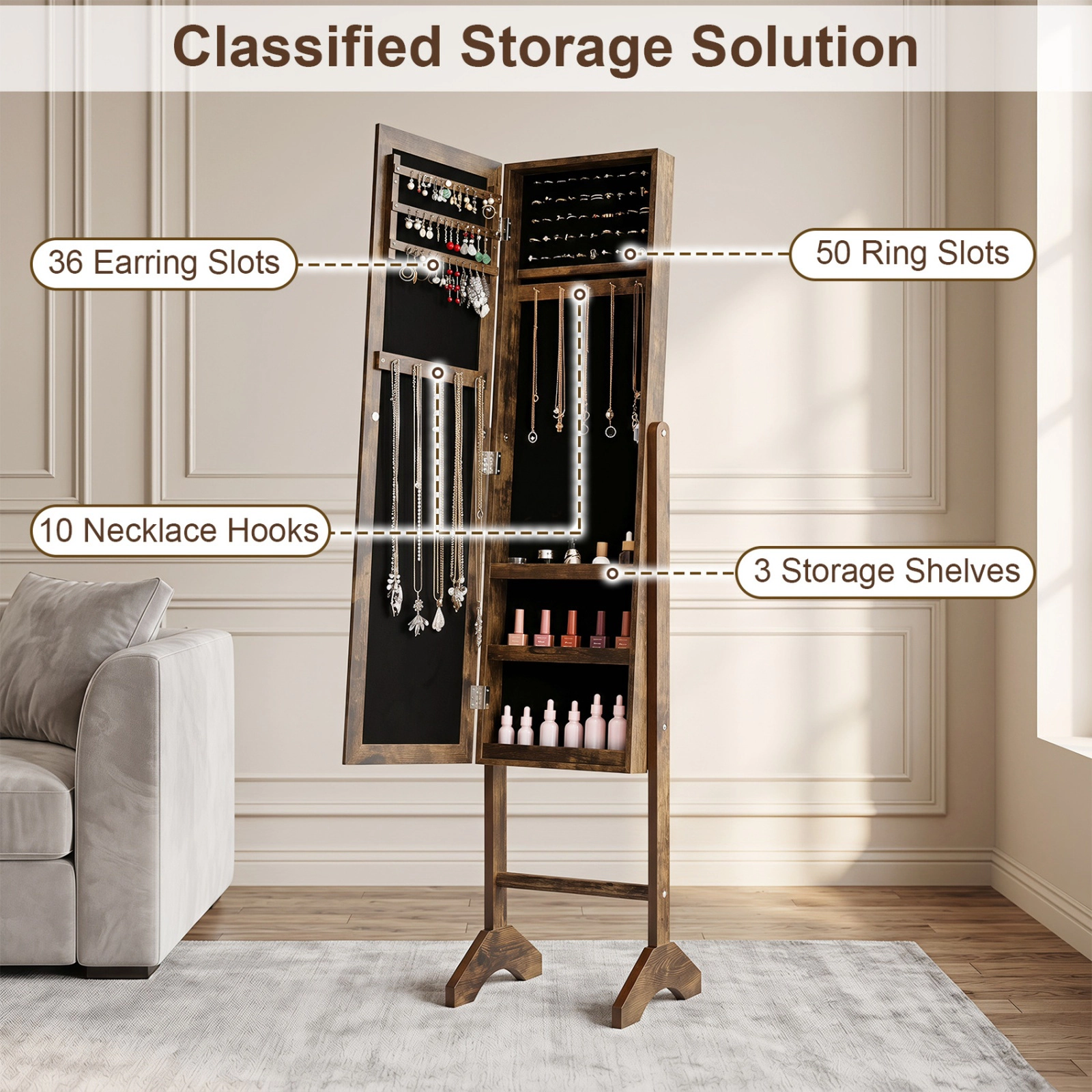 SUGIFT Freestanding Jewelry Armoire with Velvet Lining and Full Length 40-in Mirror Brown