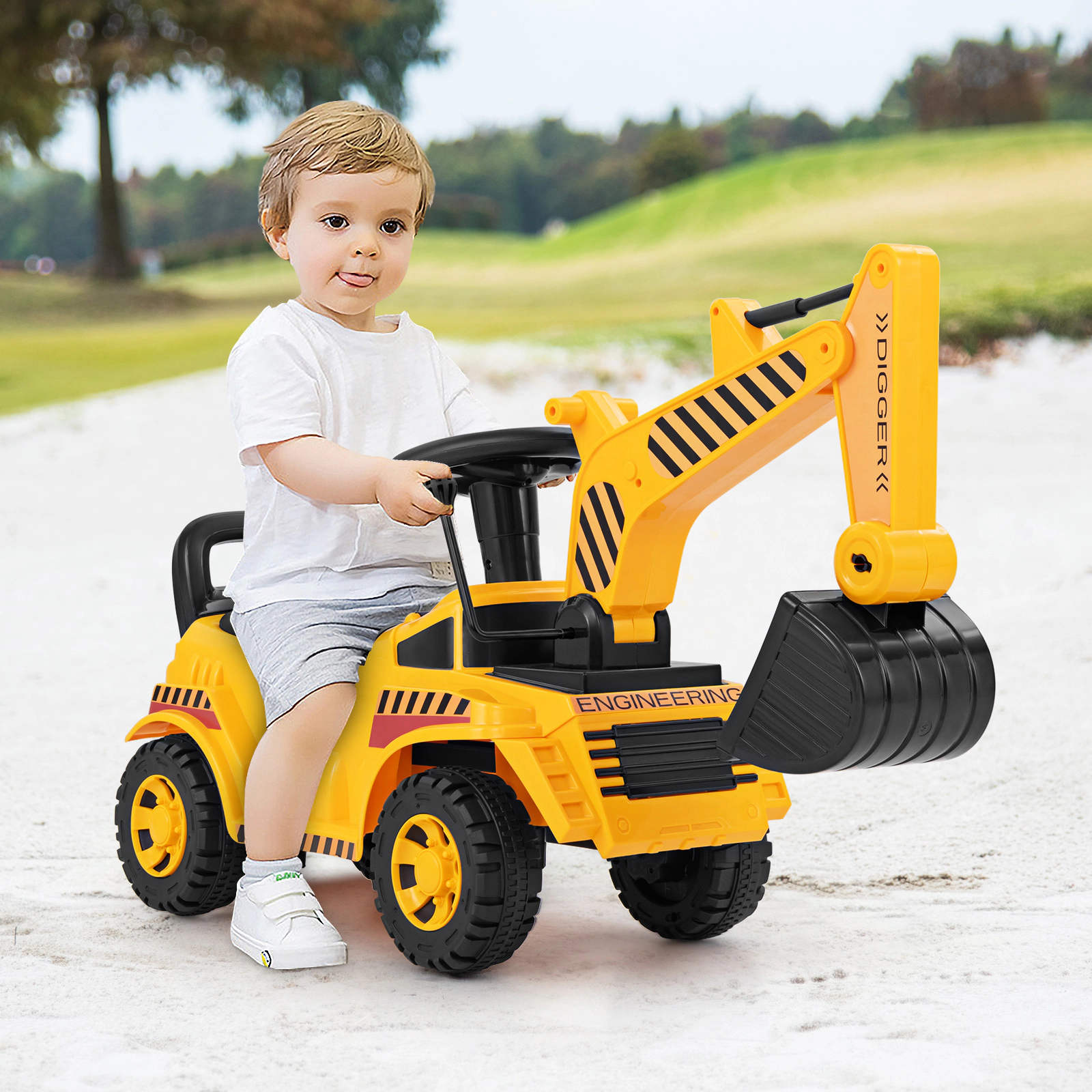 SUGIFT Yellow Adjustable Shovel Safety Helmet and Under Seat Storage Toddler Ride On Excavator
