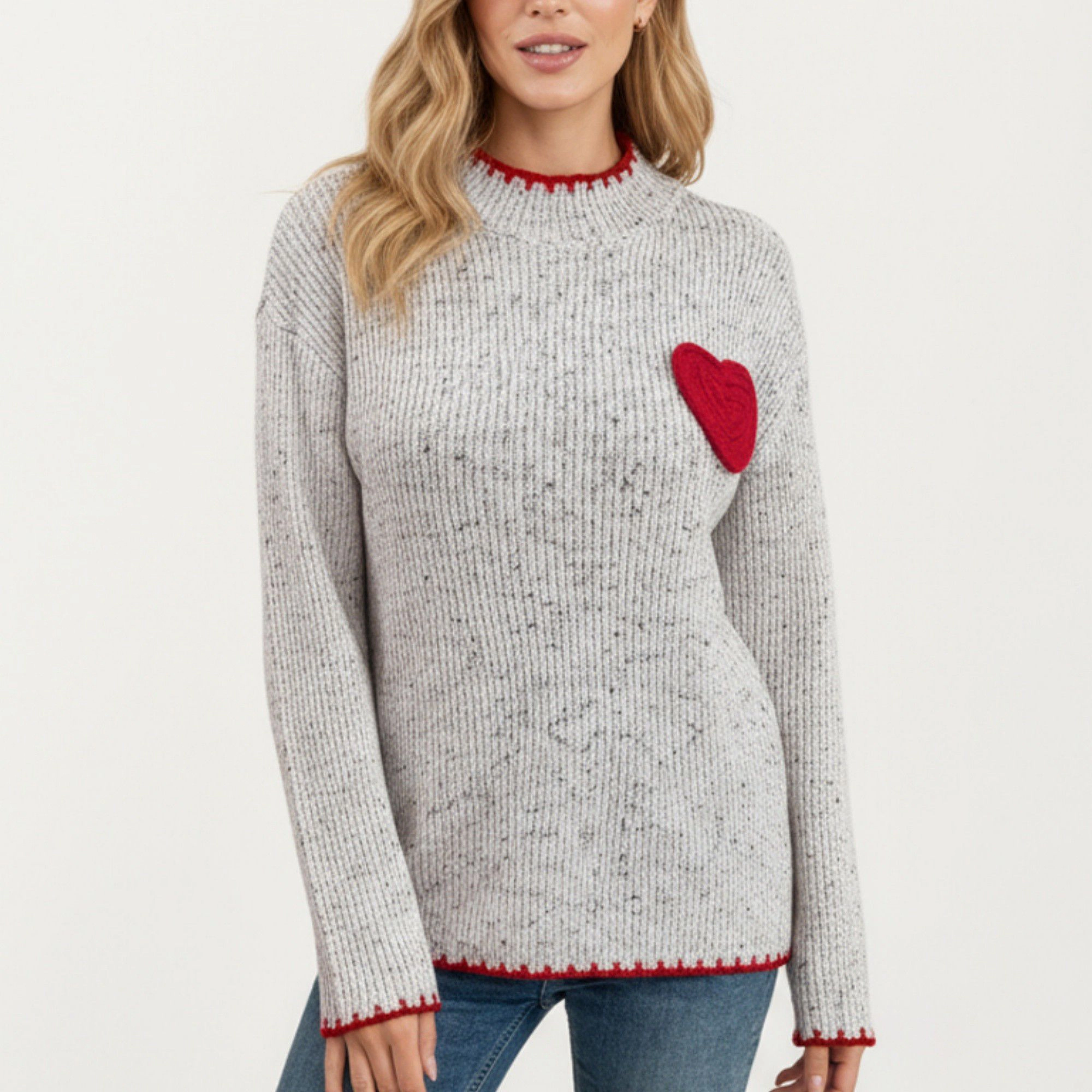 Anna-Kaci Women's Ribbed Knit Sweater with Valentine Heart Patch Contrast Trim