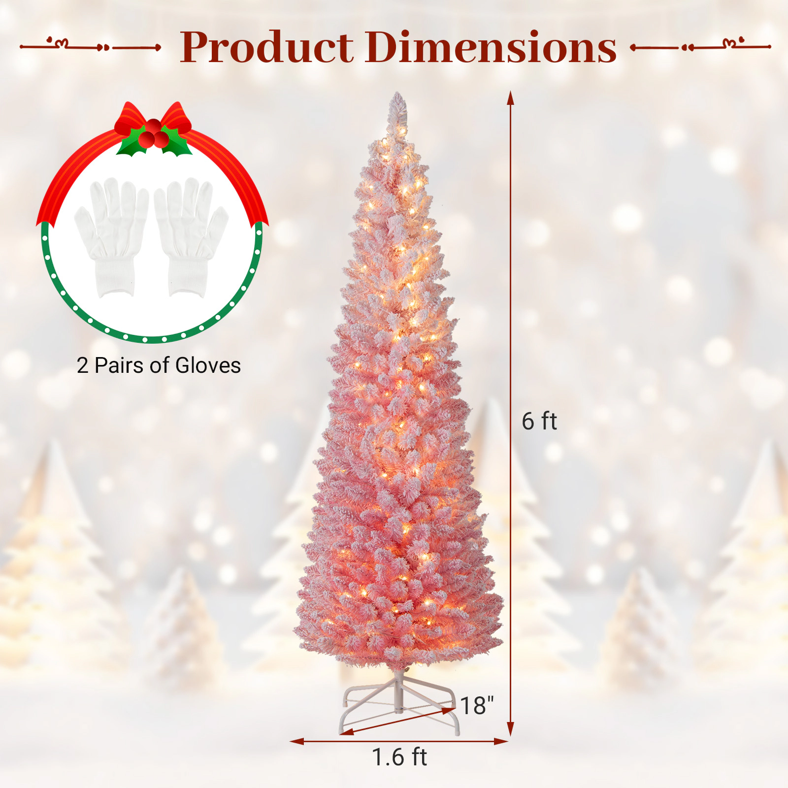 LJG Snow-Flocked Artificial Pink Christmas Tree Pre-Lit Hinged Xmas Tree for Holiday Decoration