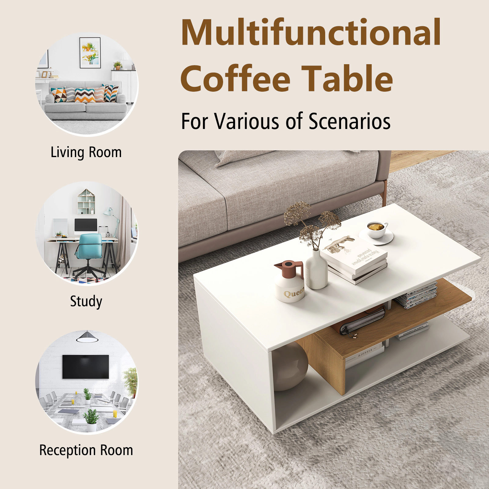 SUGIFT 3-Tier L-Shaped Middle Shelf Wood Rectangular Coffee Table 35.5-in x 19.5-in x 16.5-in 110-lb Capacity White
