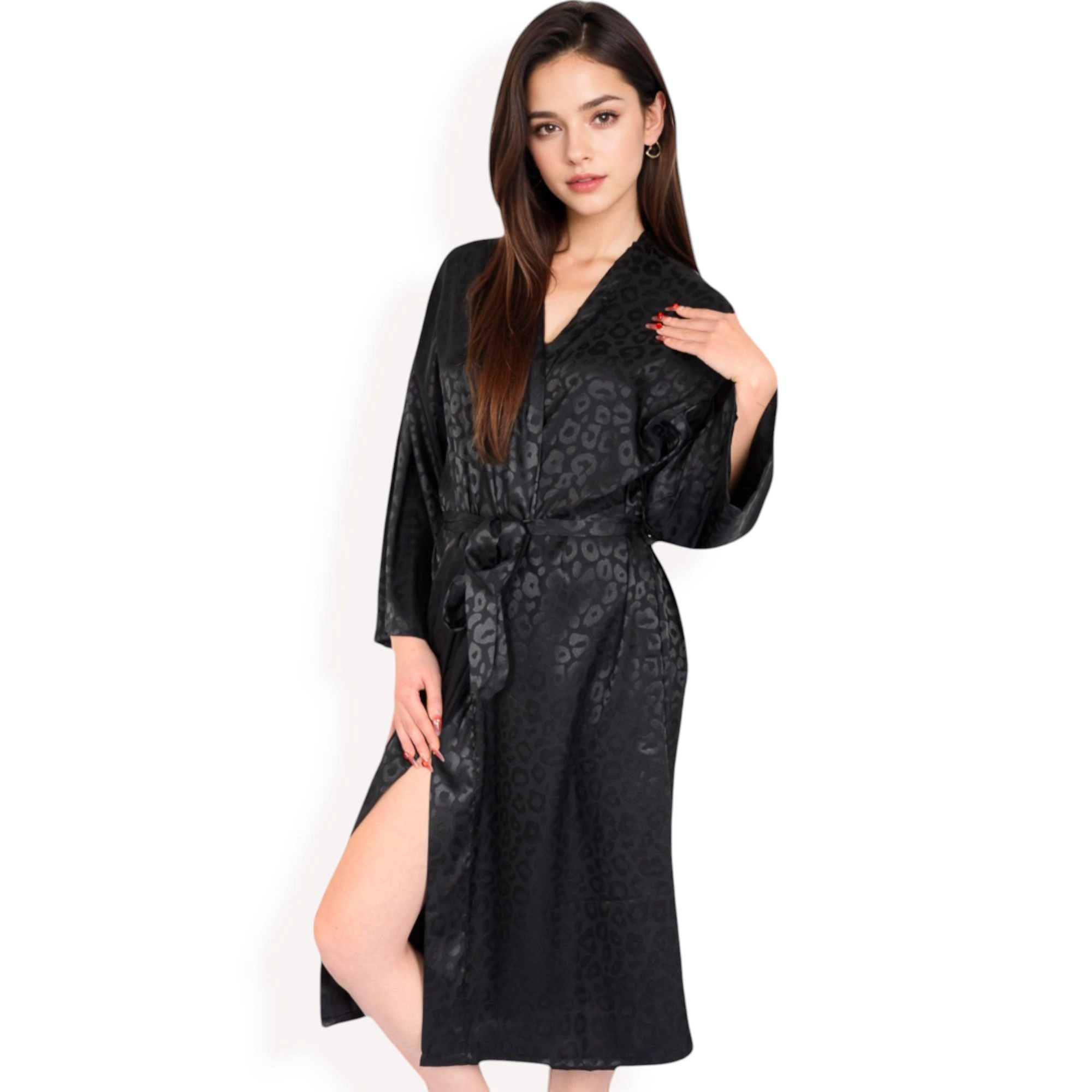 Anna-Kaci Women's Leopard Print Satin Nightgown with Matching Long Robe and Adjustable Straps