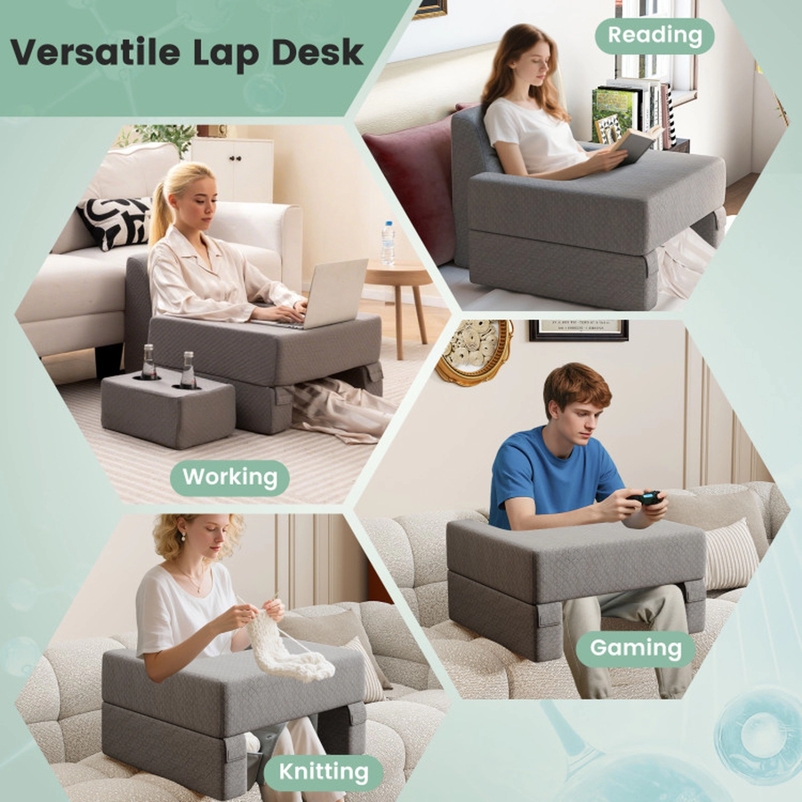 SUGIFT 3-Piece Ergonomic Reading Pillow Set Back Pillow Lap Desk Coaster 23 x 21.5 x 12-in 14.5 x 11 x 18.5-in Gray