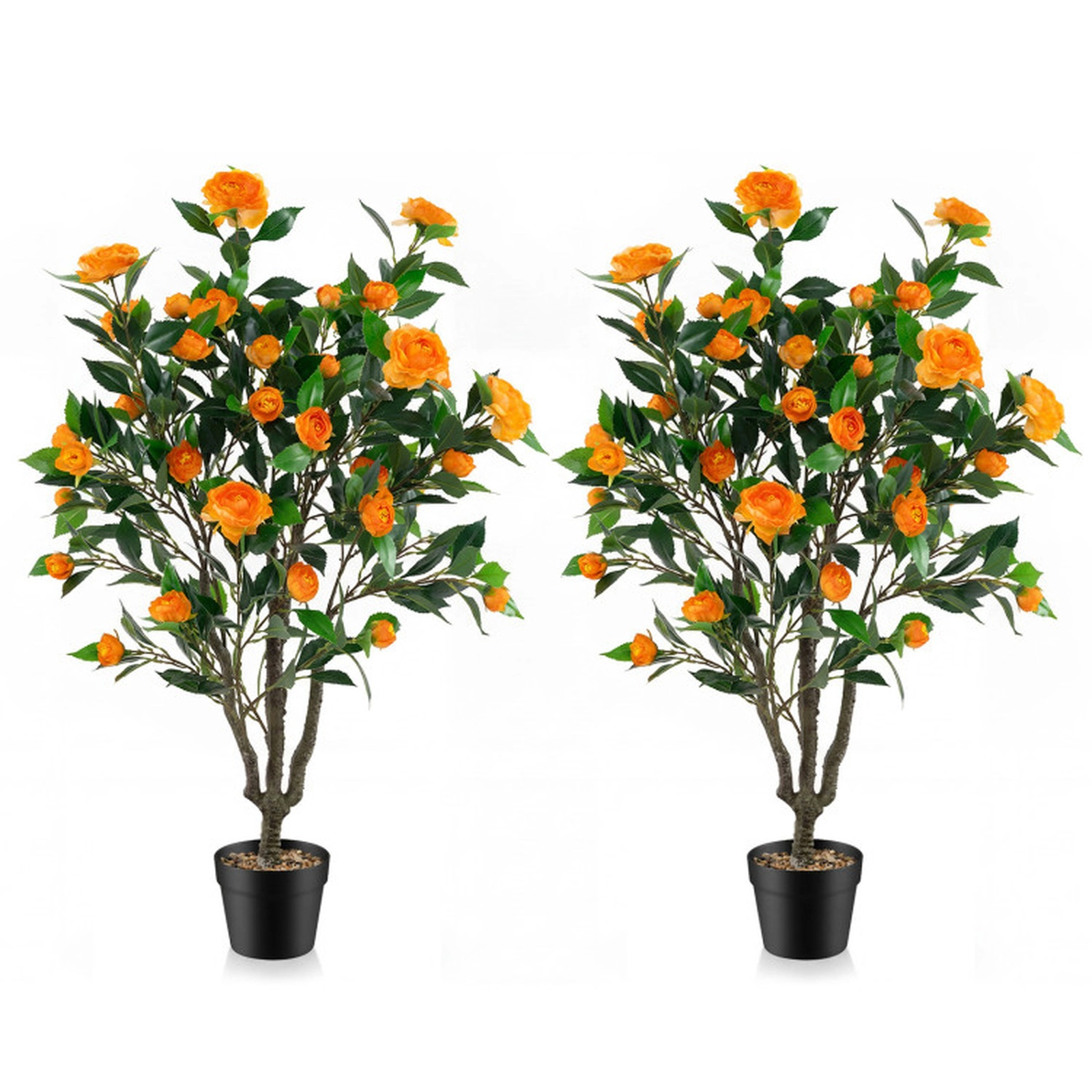 SUGIFT 40-in Artificial Camellia Tree with 37 Flowers and River Stones in 6 x 5.5-in Pot 2-Pack Orange Green Black