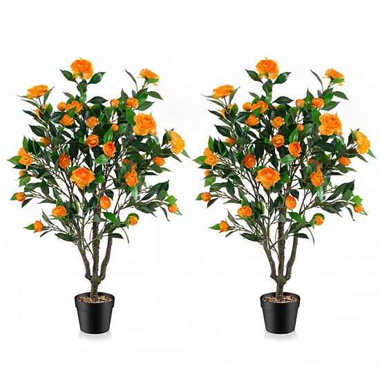 SUGIFT 40-in Artificial Camellia Tree with 37 Flowers and River Stones in 6 x 5.5-in Pot 2-Pack Orange Green Black