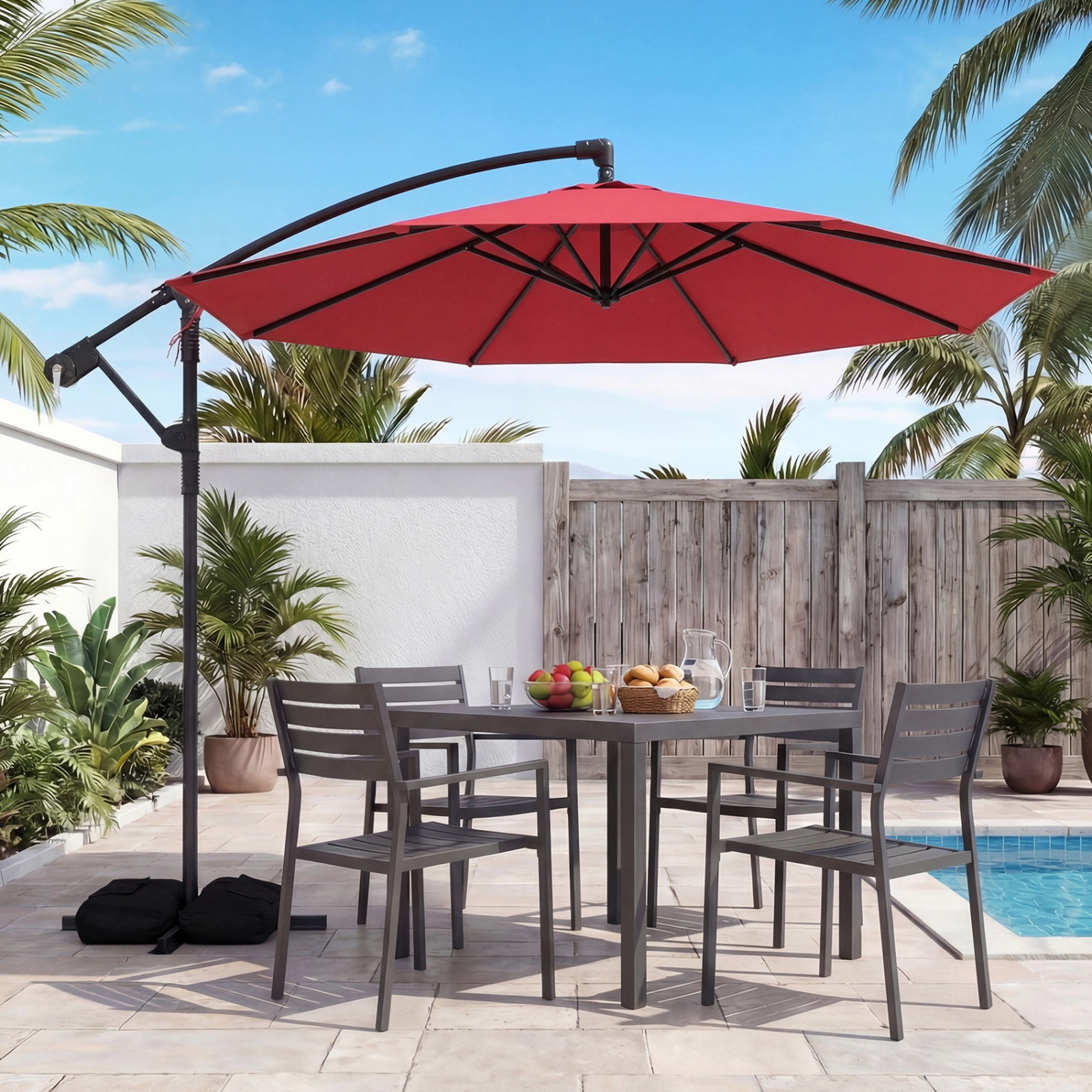 SUGIFT 10-ft Red Offset Cantilever Patio Umbrella with Base 2 220-lb Sandbags Infinite Tilt and 360 Rotation