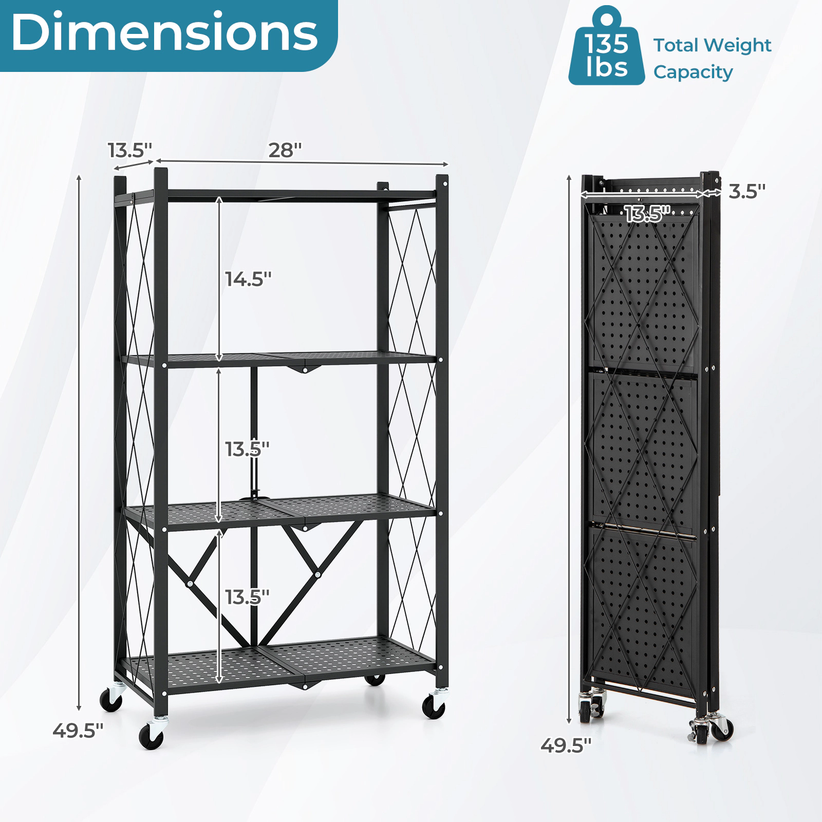 SUGIFT Black 4-Tier Foldable Storage Rack with Lockable Wheels and Pre-Assembled Frame