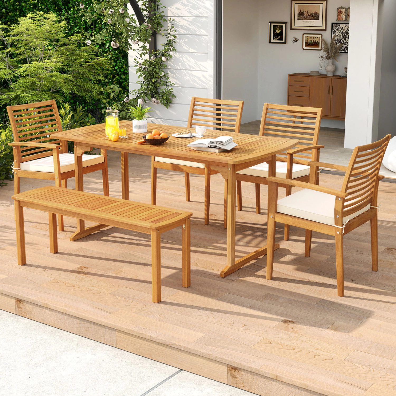Slickblue 6 Piece Acacia Wood Dining Set Outdoor Patio Table Chairs Bench