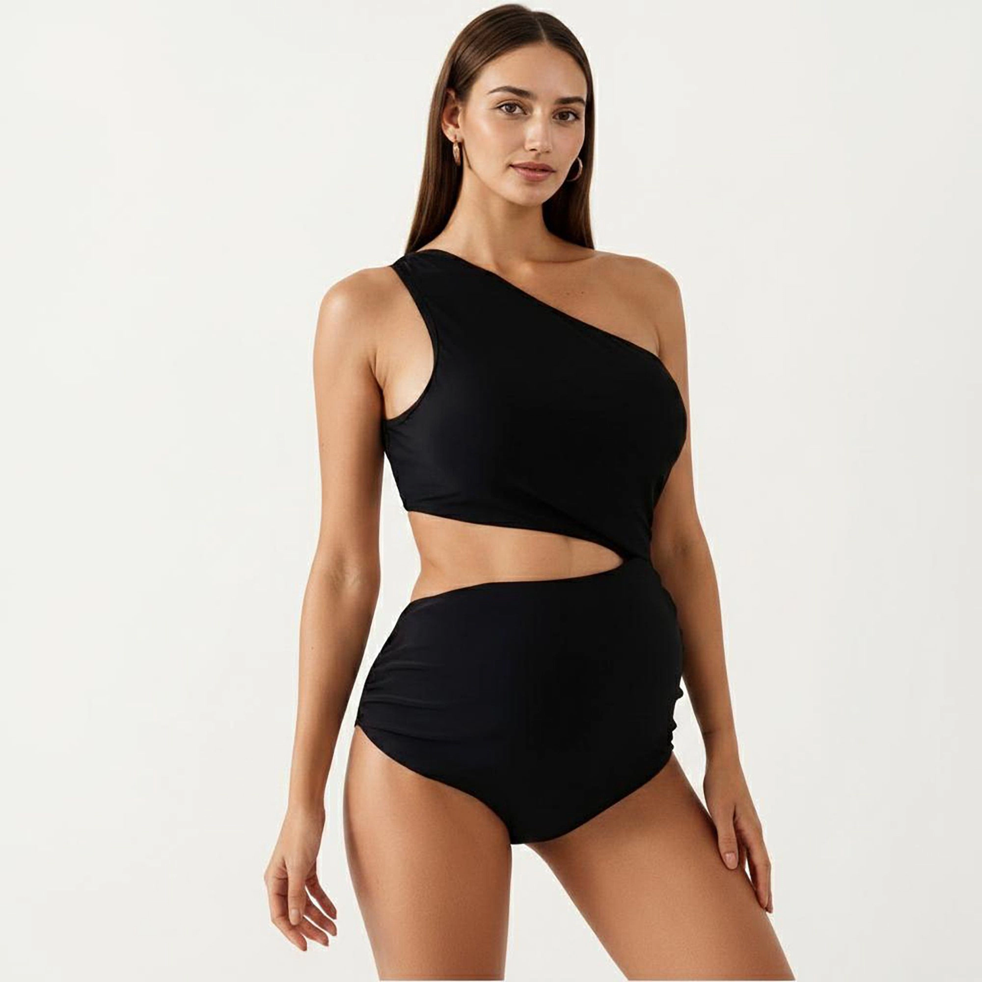 Anna-Kaci Women's Maternity One-Shoulder Swimsuit with Cutout Detail and High Waist