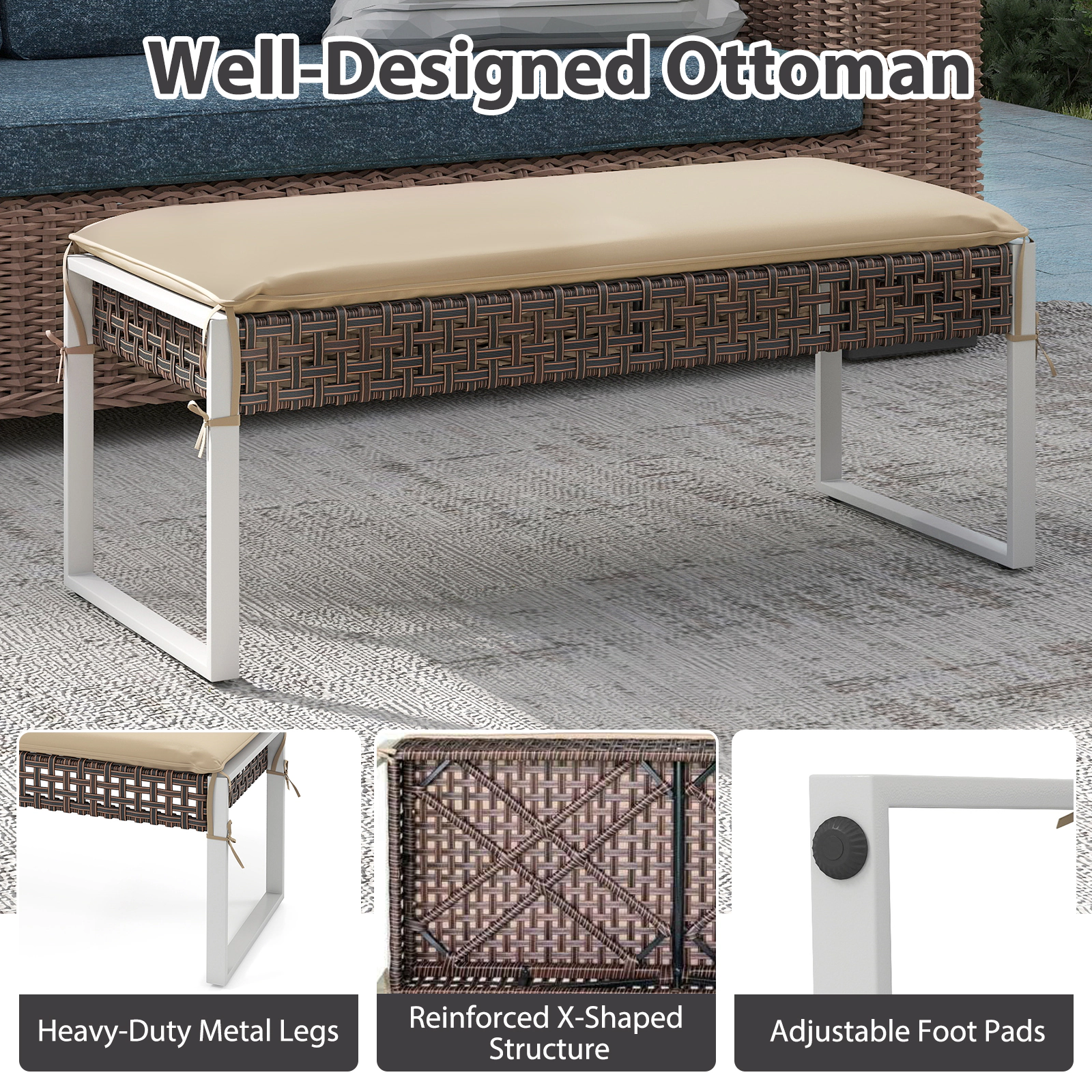 Hivvago 43 Inch Patio Rectangle Ottoman with Metal Legs and Seat Cushion
