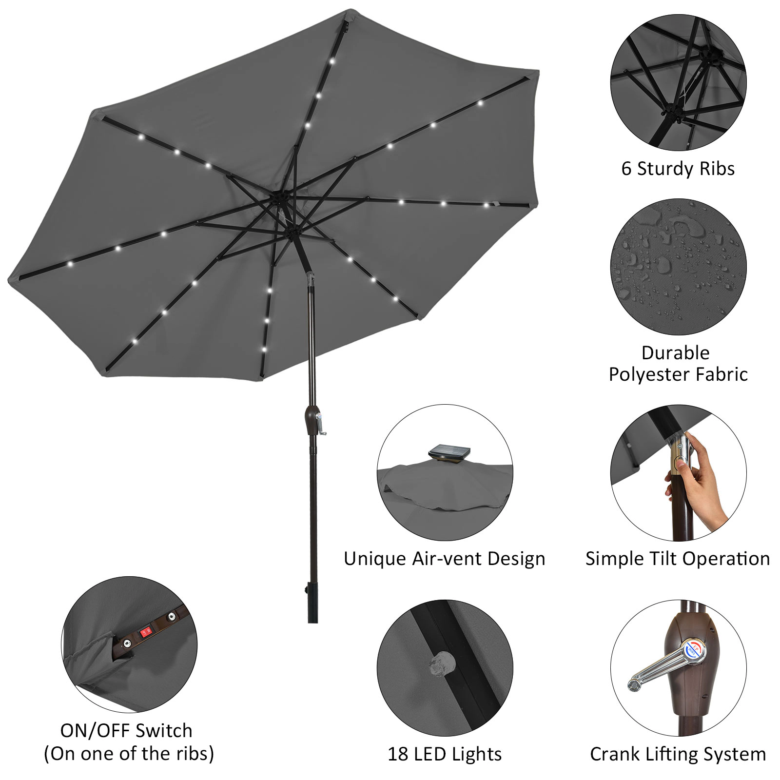 SUGIFT Solar LED Lighted Outdoor Patio Umbrella with Crank Lift 10-ft Canopy Gray
