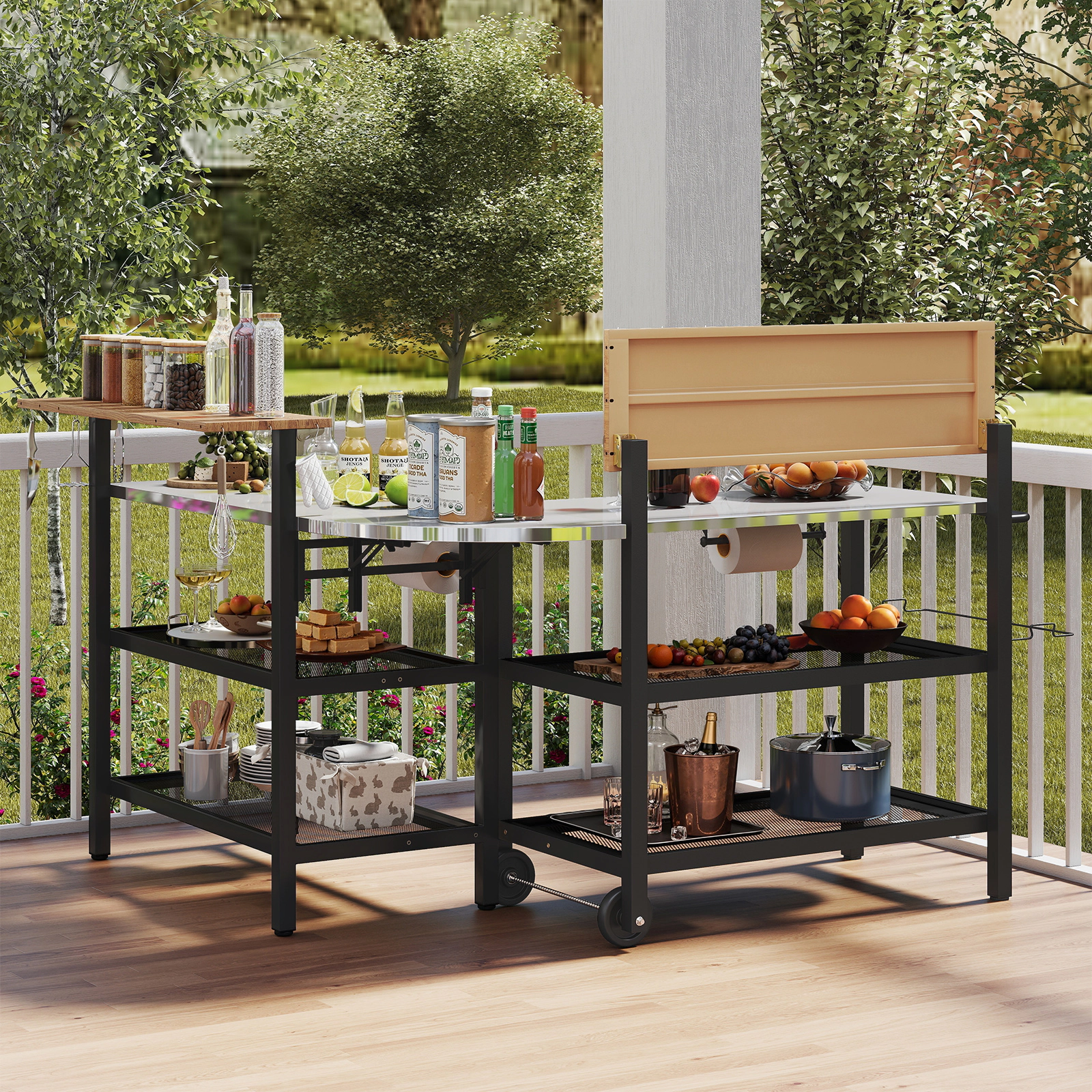 LJG Outdoor Foldable Grill Table with Flip-up Top and 2 Storage Shelves for Backyard Garden