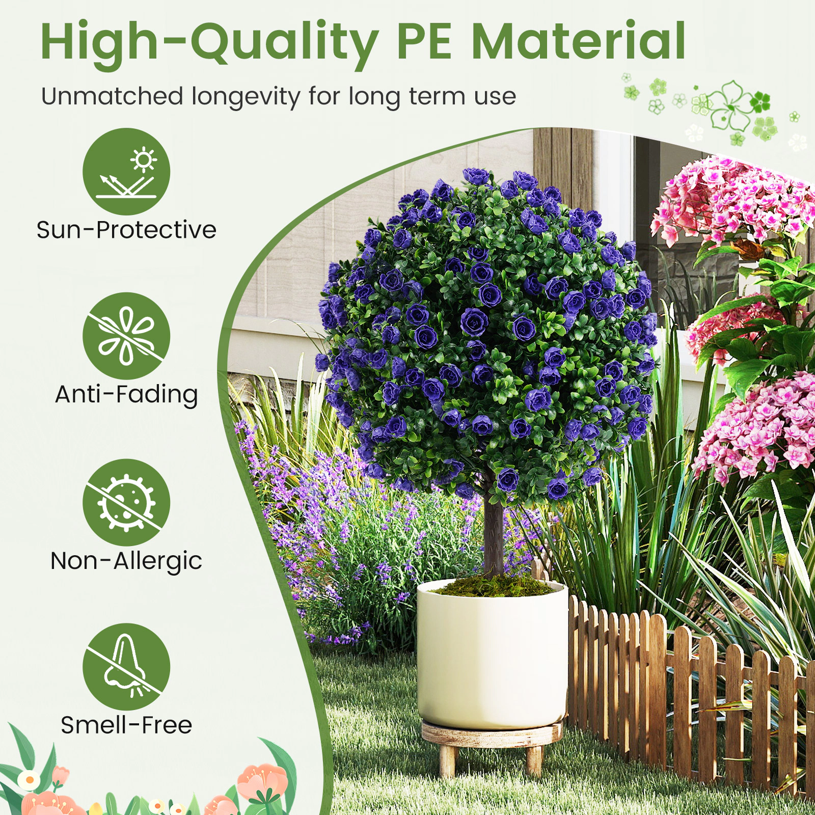 SUGIFT Set of 2 22-in Artificial Purple Rose Topiary Ball Trees with Moss Accents and Cement-Filled Pots