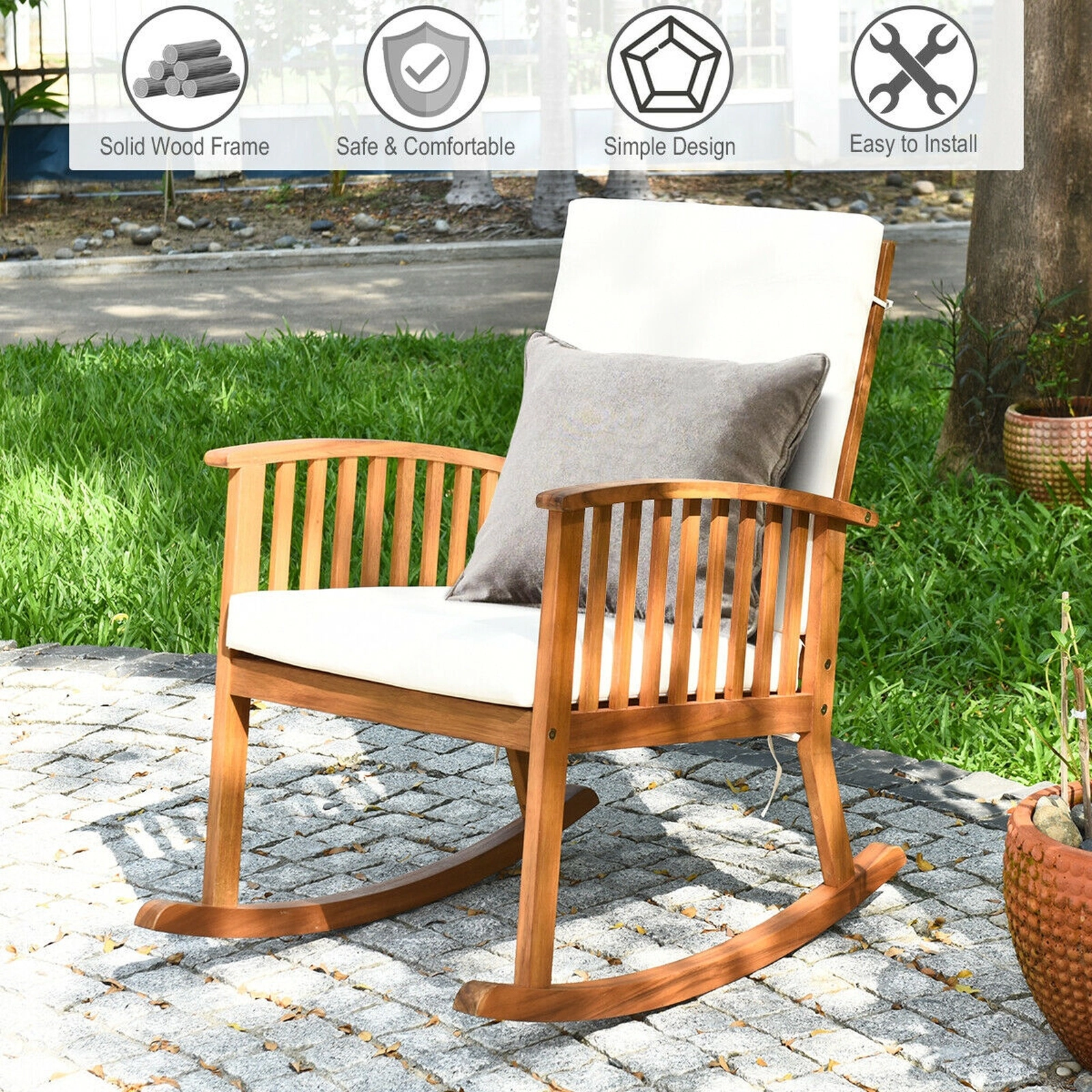 SUGIFT Acacia Wood Outdoor Rocking Chair, Teak Finish, Washable Cushions