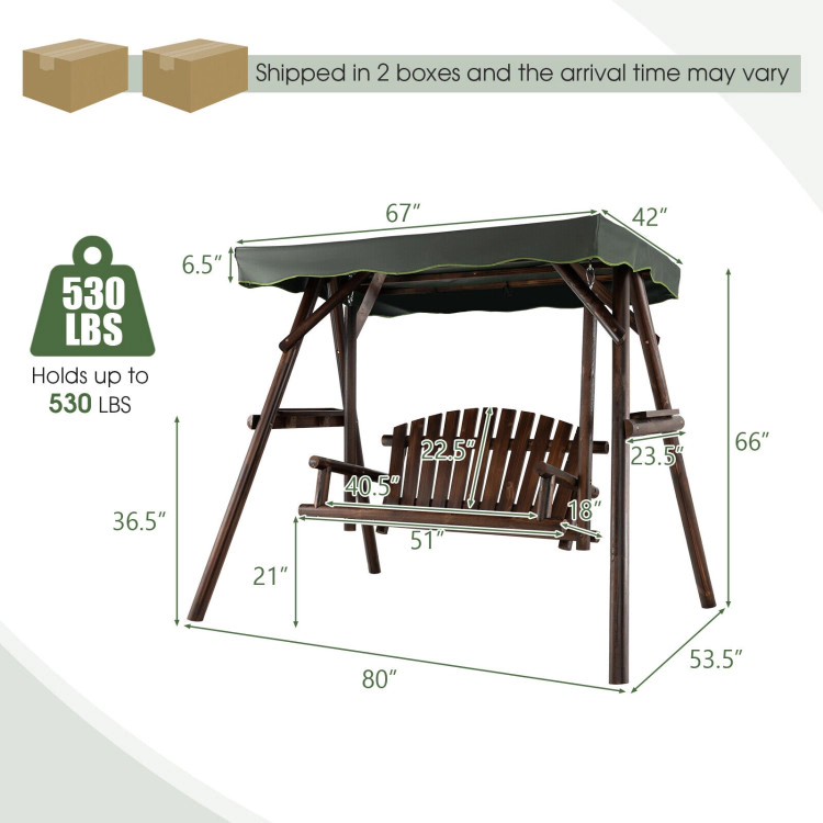 Hivvago 2-Person Outdoor Wooden Porch Swing With An Adjustable Canopy