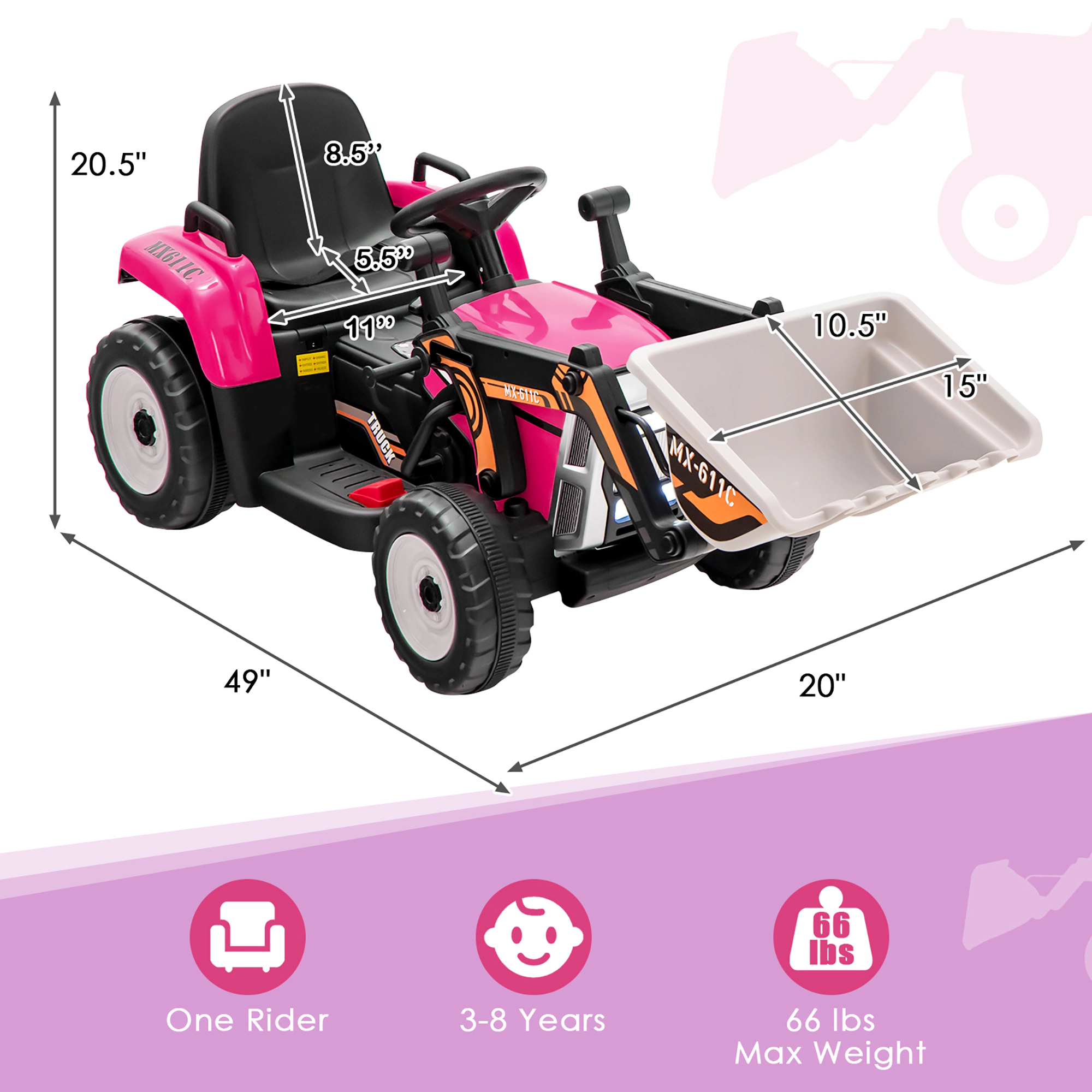 Costway Kids Ride On Excavator Digger 12V Electric Tractor RC w/ Digging Bucket Pink/Yellow