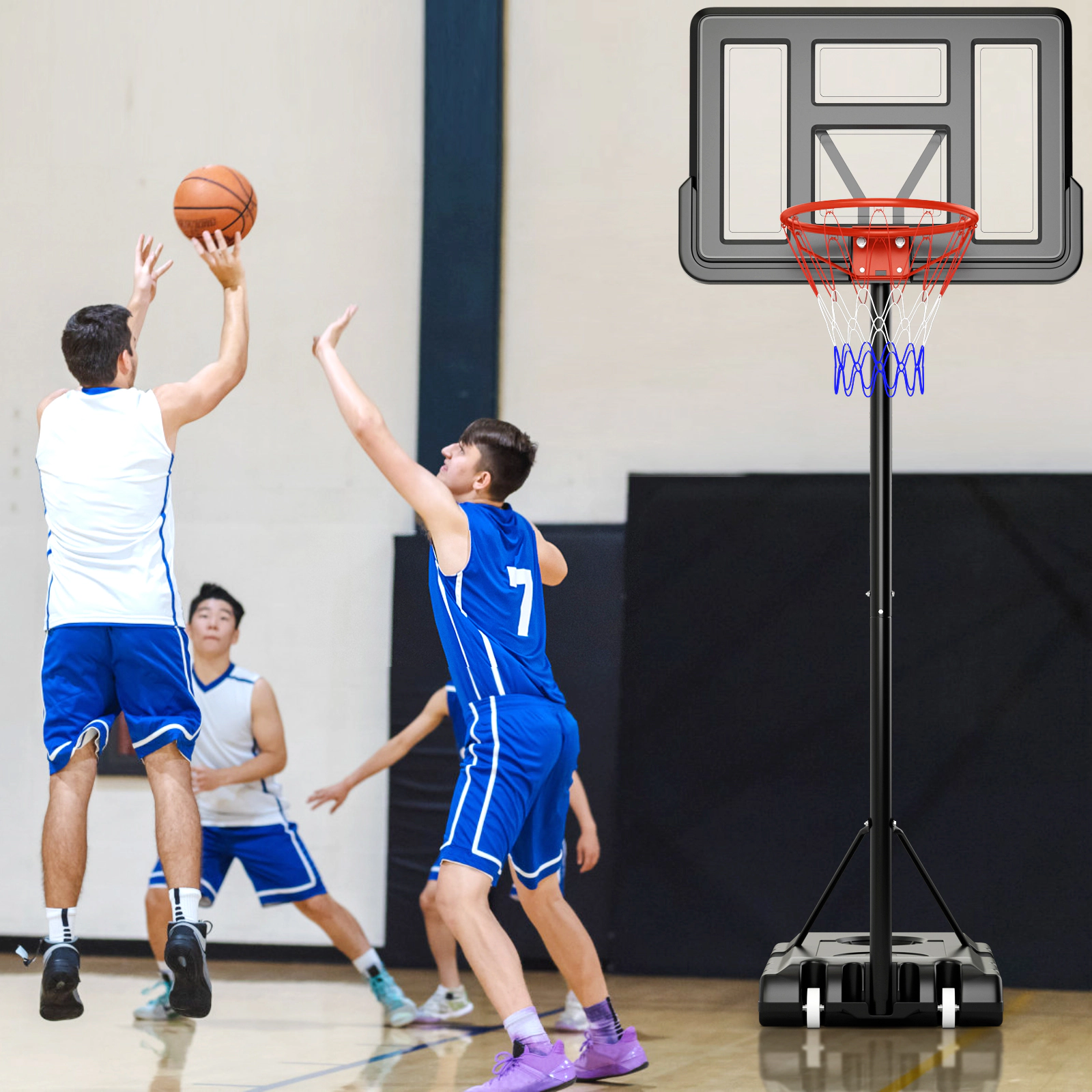 SUGIFT Black Portable Basketball Hoop with 44-in Shatterproof Backboard and 2 Wheels 4.4-ft to 10-ft H 18-in Rim