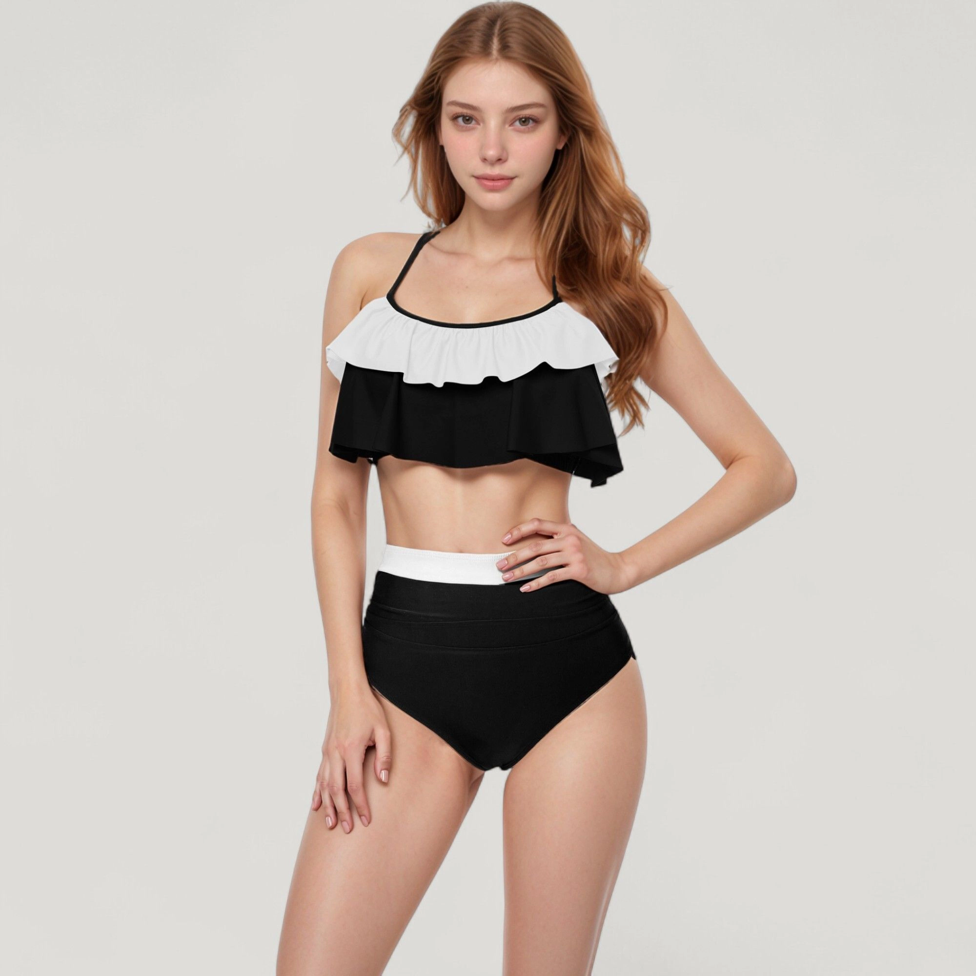 Anna-Kaci Women's Ruffle Flounce Bikini Top and High Waist Bottom 2-Piece Swimsuit with Contrast Trim
