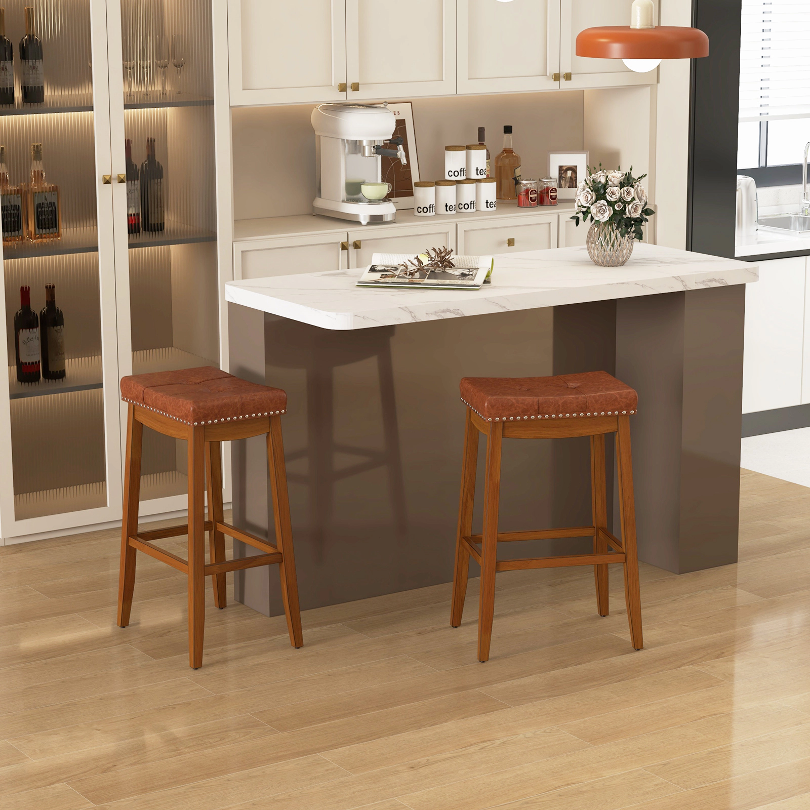 SUGIFT Set of 2 Upholstered PU Leather Saddle Bar Stools 285-lb Capacity 25-in Counter and 29-in Bar Heights Brown