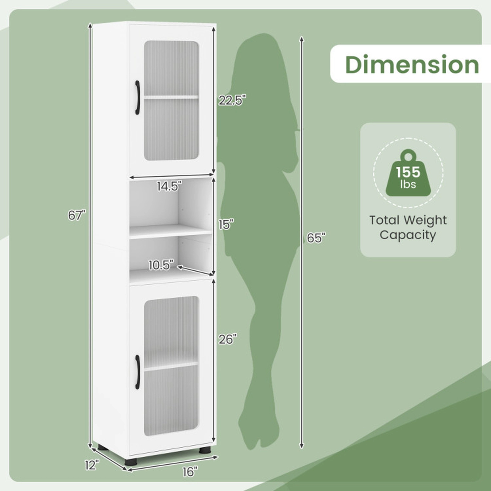 SUGIFT White 155-lb Capacity 67-in Tall Freestanding Bathroom Storage Cabinet with Fluted Doors and Open Shelves