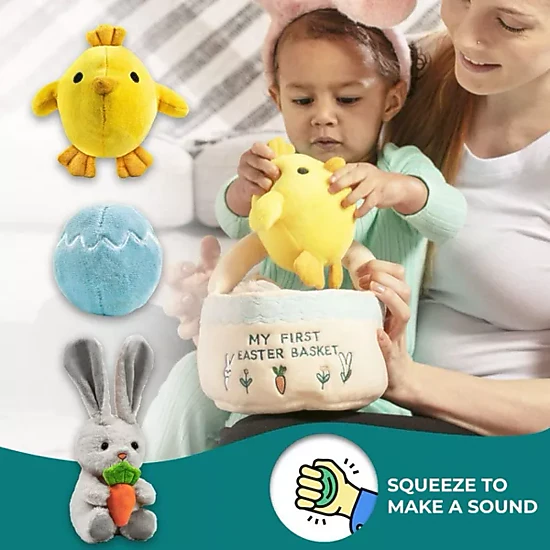 Sperric Easter Baby Plush Playset w/ Easter Basket, Bunny Holding Carrot, Easter Egg, & Squeaky Chicken - Sensory Toys