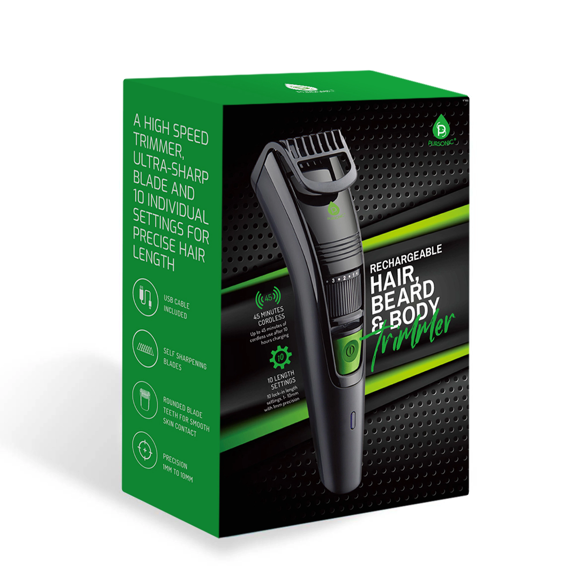 Pursonic Men's Rechargeable Beard & Body Hair Trimmer