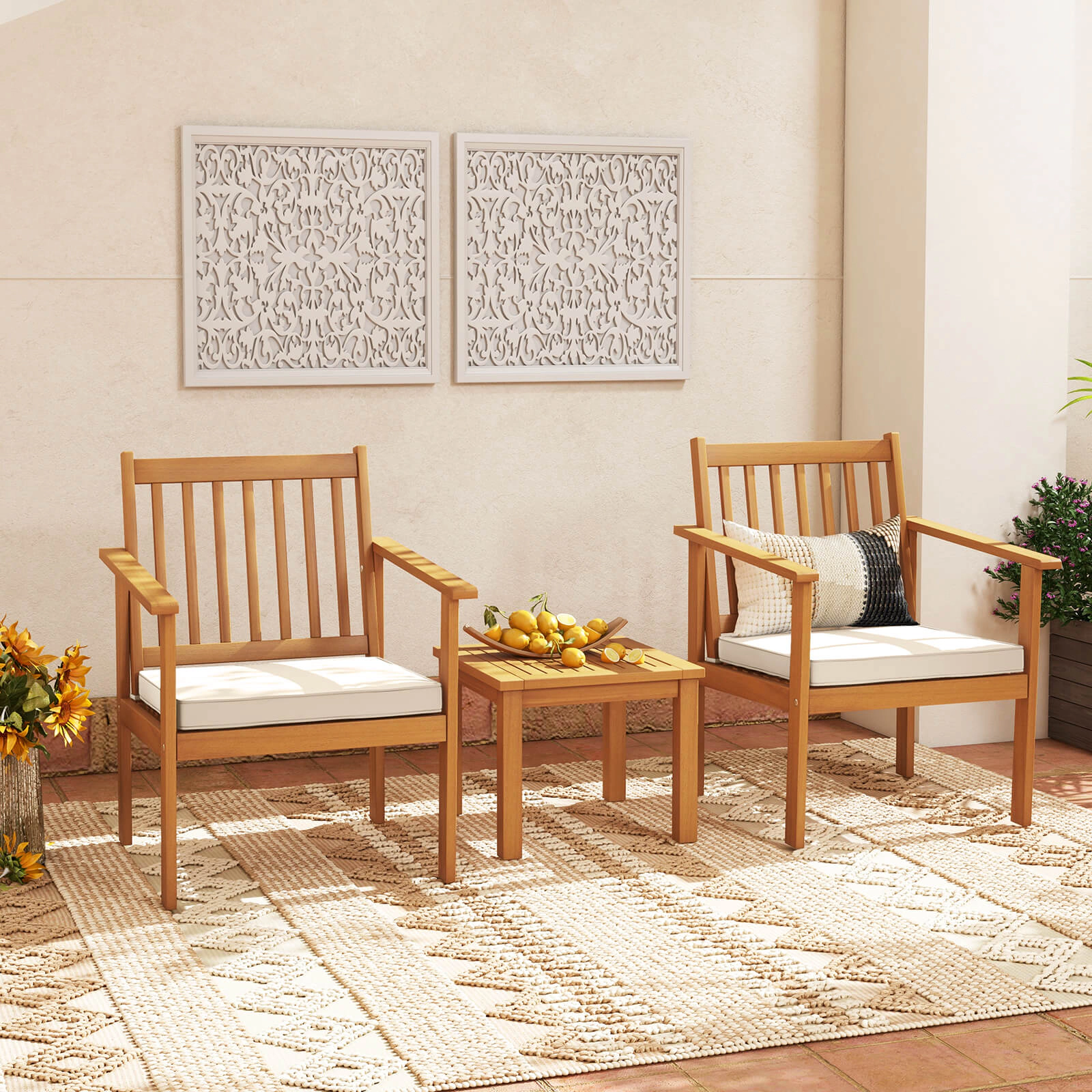 LJG 3 Pieces Patio Wood Furniture Set with Soft Cushions for Porch