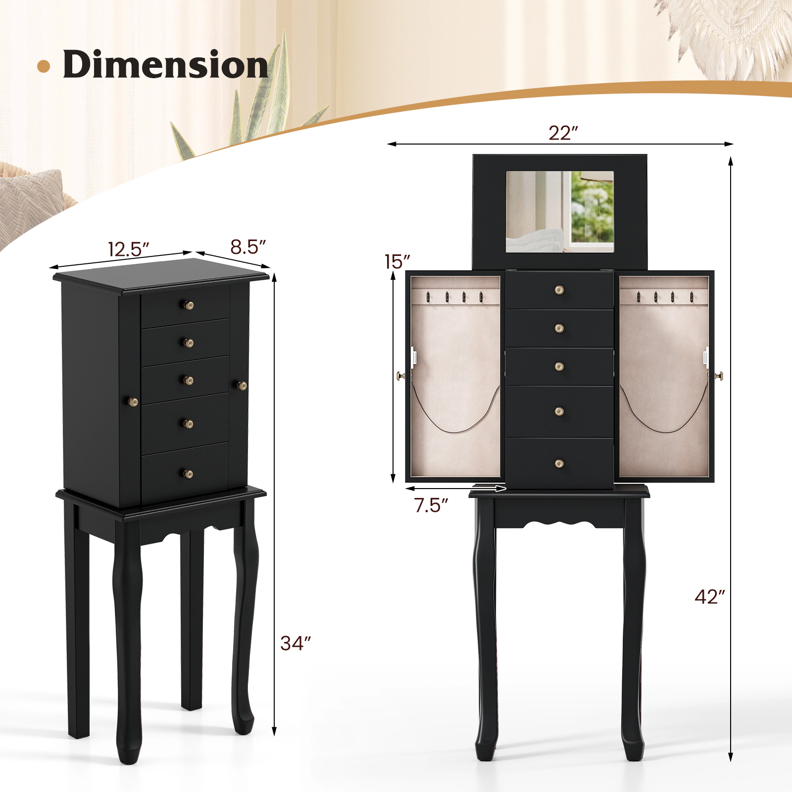 SUGIFT Flip Top Mirror 5 Drawers 2 Side Doors 8 Necklace Hooks Jewelry Cabinet Armoire 12.5-in x 8.5-in x 34-in Black